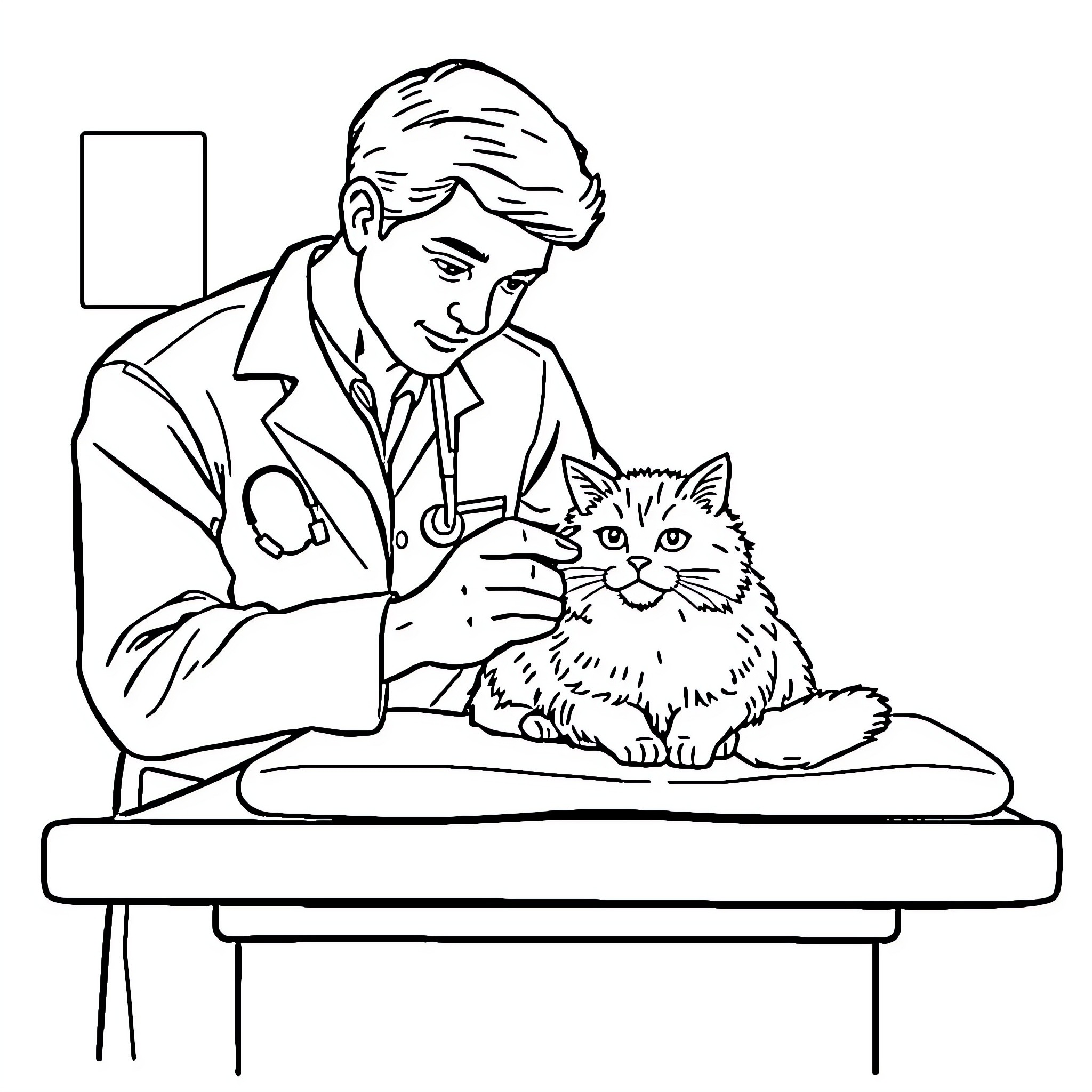 Veterinarian Examines Fluffy Cat Coloring Page (free black-and-white line drawing printable PDF for all, from beginners to advanced learners, including children, teens, adults, and seniors)