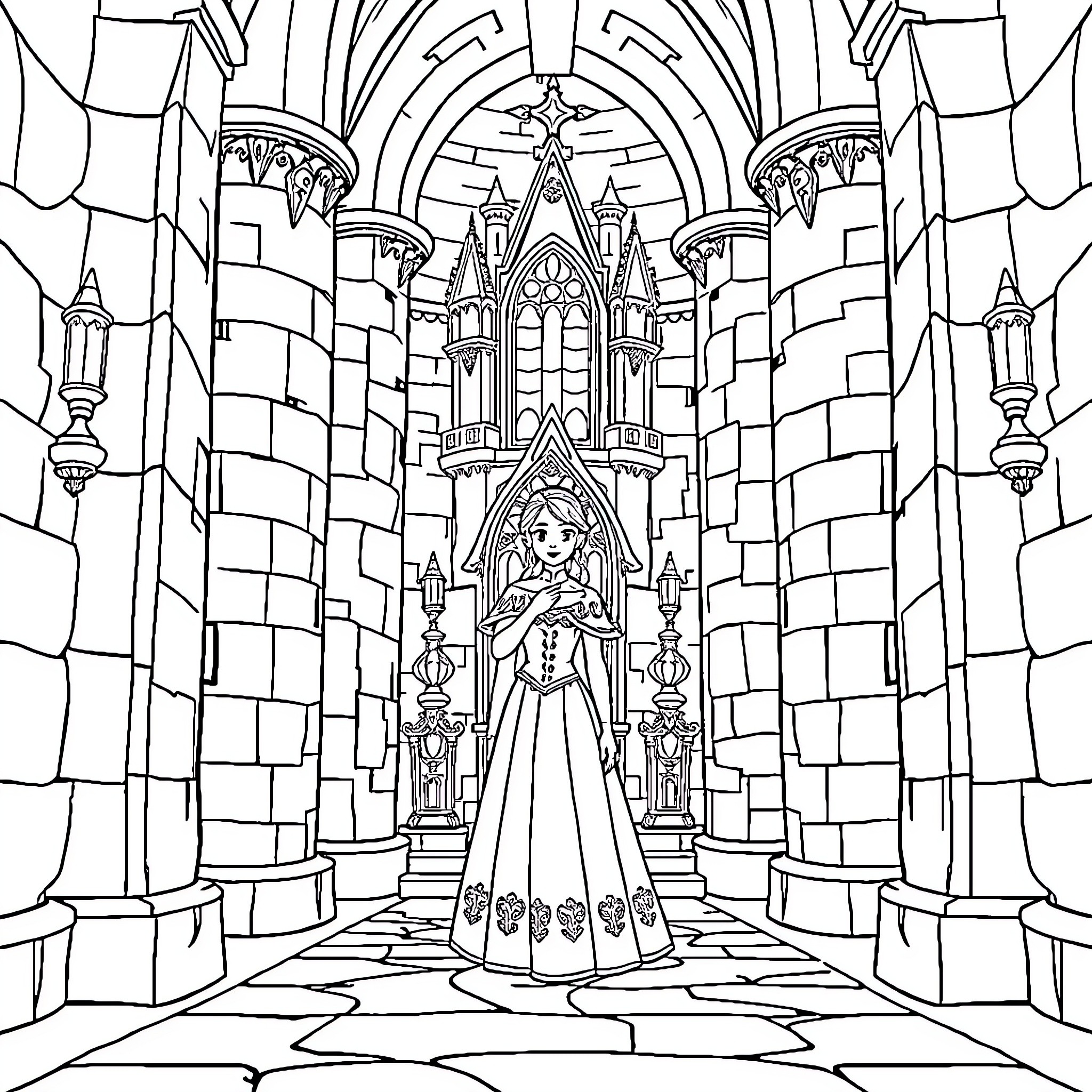 Anna's Majestic Castle Dream Coloring Page (free black-and-white line drawing printable PDF for all, from beginners to advanced learners, including children, teens, adults, and seniors)
