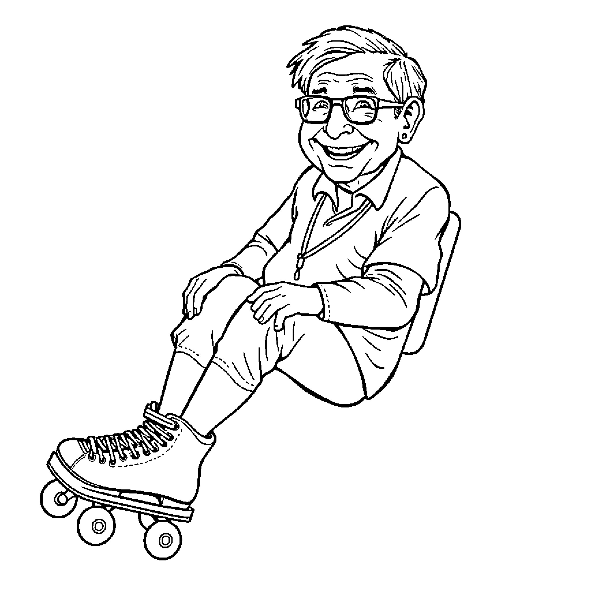 Stephen Hawking enjoying roller skating Coloring Page (free black-and-white line drawing printable PDF for all, from beginners to advanced learners, including children, teens, adults, and seniors)