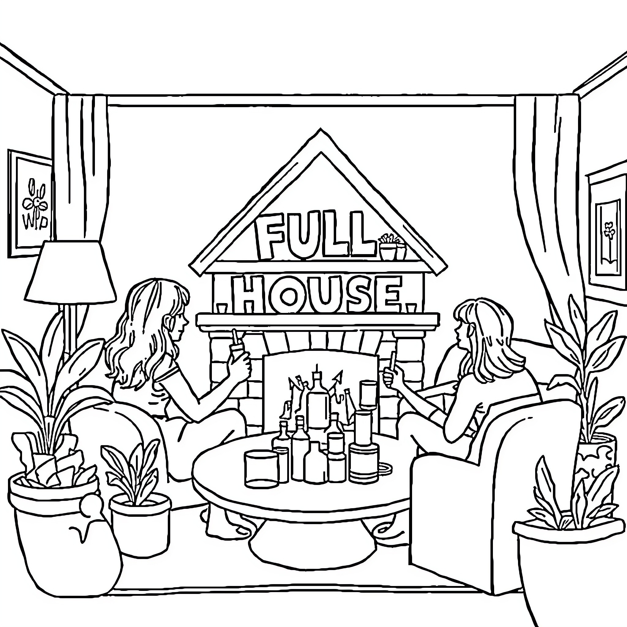 House full of friends gathered around table Coloring Page (free black-and-white line drawing printable PDF for all, from beginners to advanced learners, including children, teens, adults, and seniors)