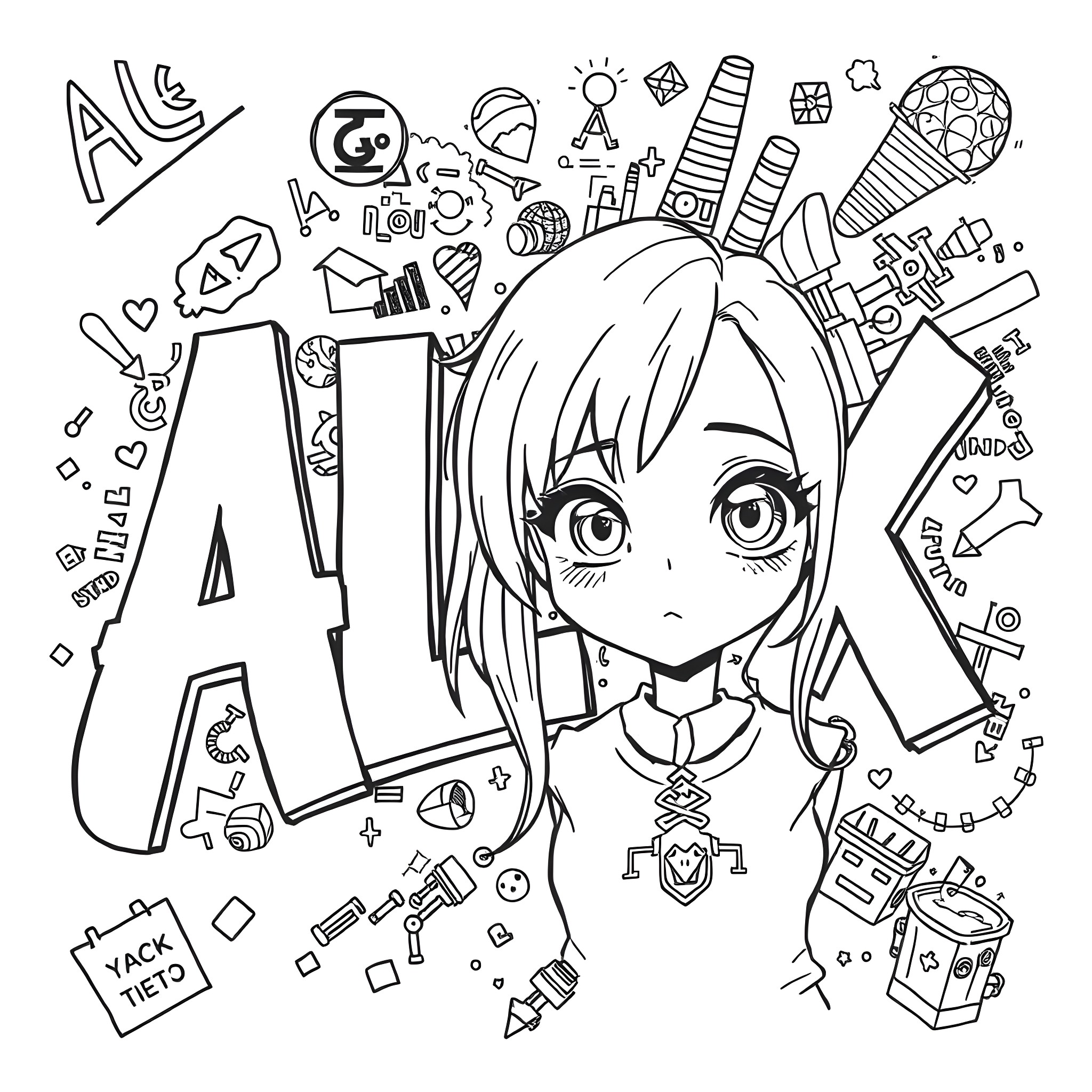 Alex's Anime-Inspired Doodle World Coloring Page (free black-and-white line drawing printable PDF for all, from beginners to advanced learners, including children, teens, adults, and seniors)