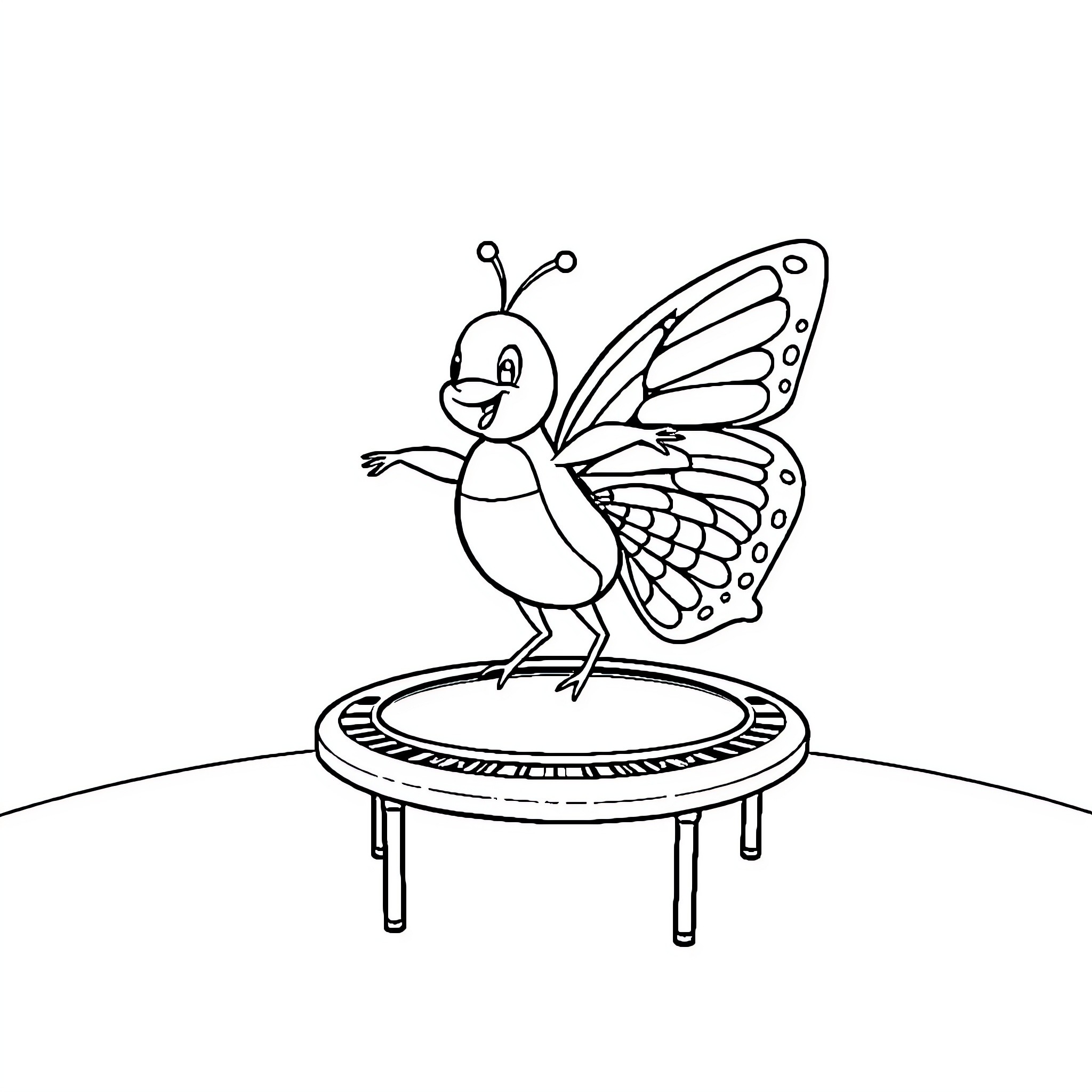 Butterfly jumping on trampoline Coloring Page (free black-and-white line drawing printable PDF for all, from beginners to advanced learners, including children, teens, adults, and seniors)