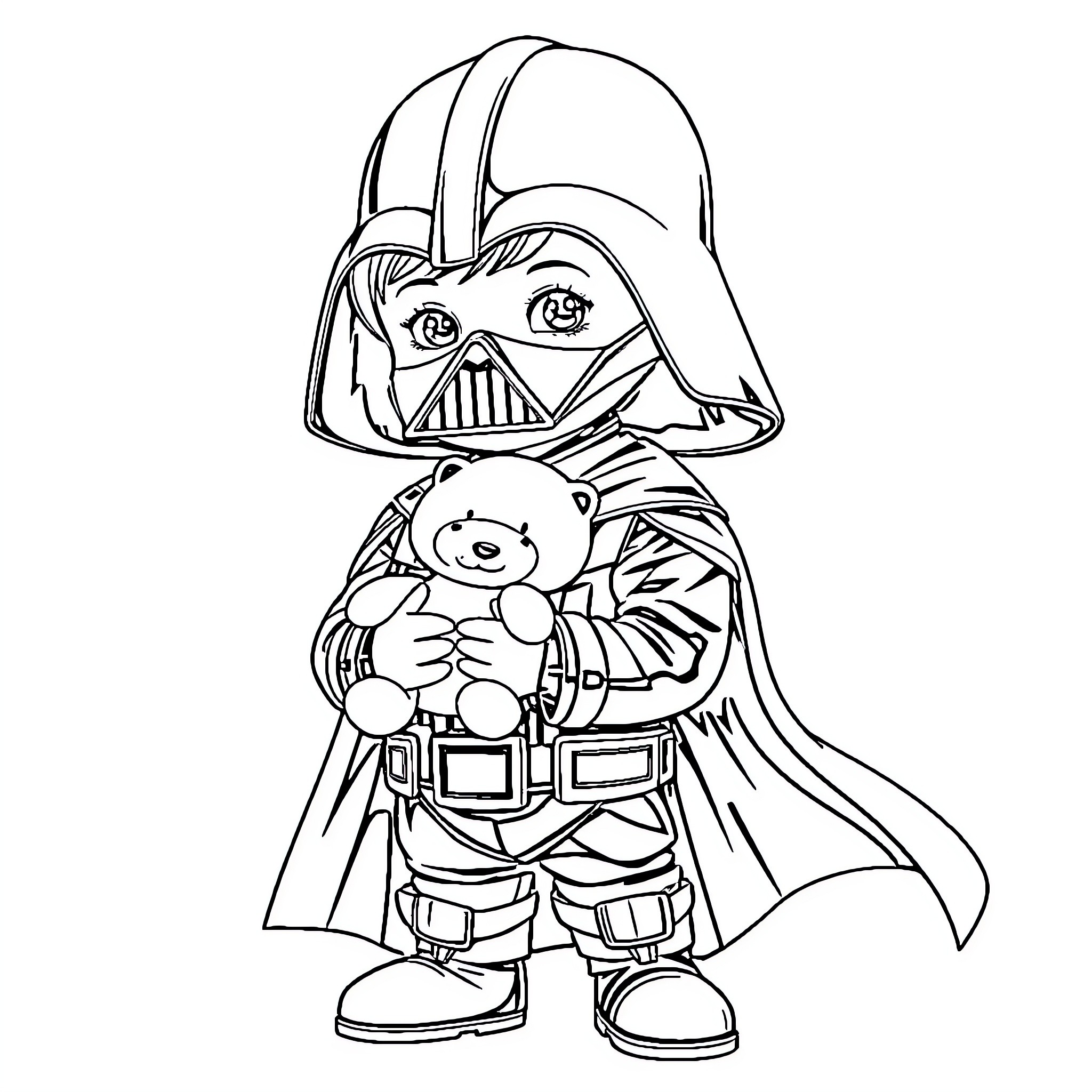 Boy in Iconic Villain Costume Holding Stuffed Toy Coloring Page (free black-and-white line drawing printable PDF for all, from beginners to advanced learners, including children, teens, adults, and seniors)