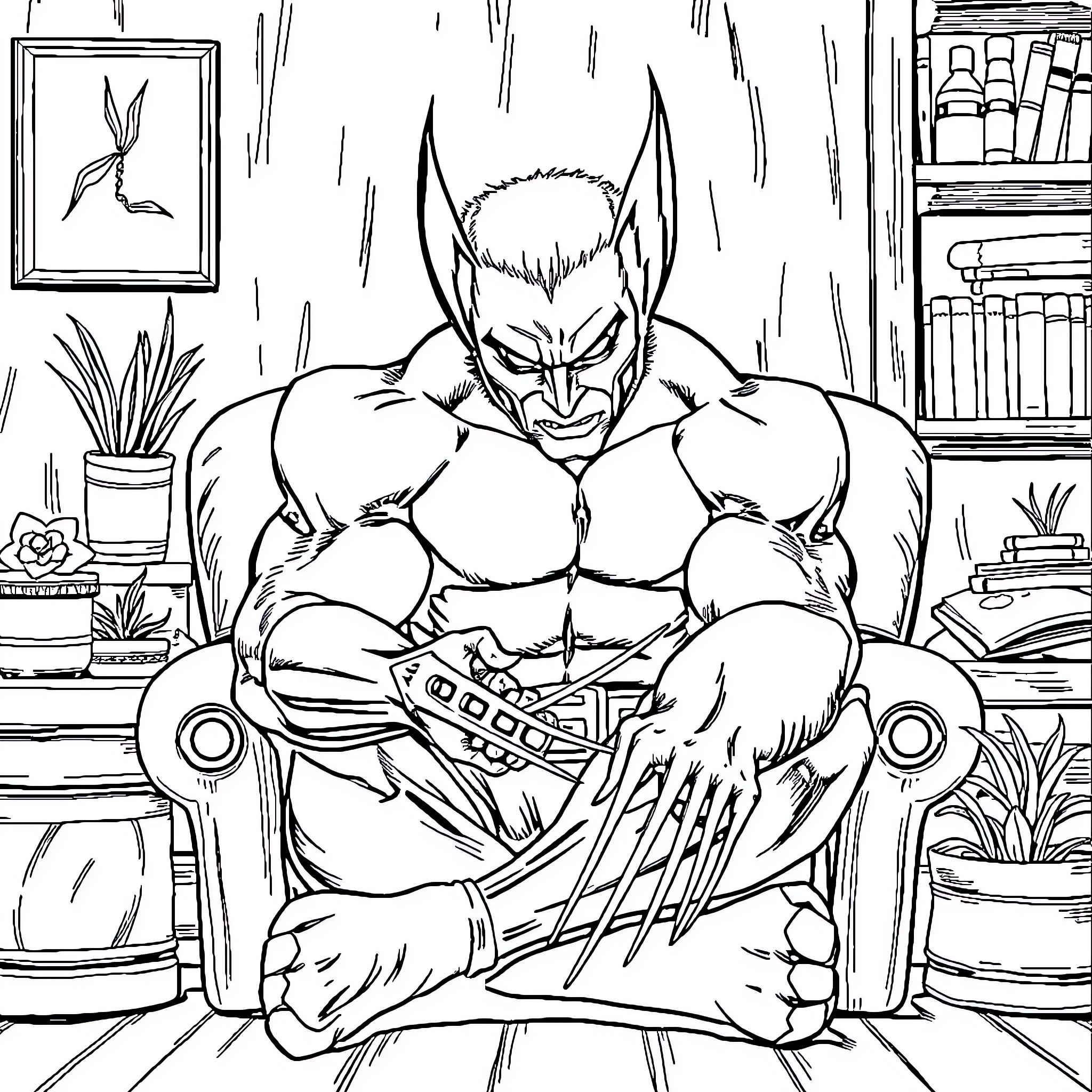 Wolverine's Intense Presence in Study Room Coloring Page (free black-and-white line drawing printable PDF for all, from beginners to advanced learners, including children, teens, adults, and seniors)