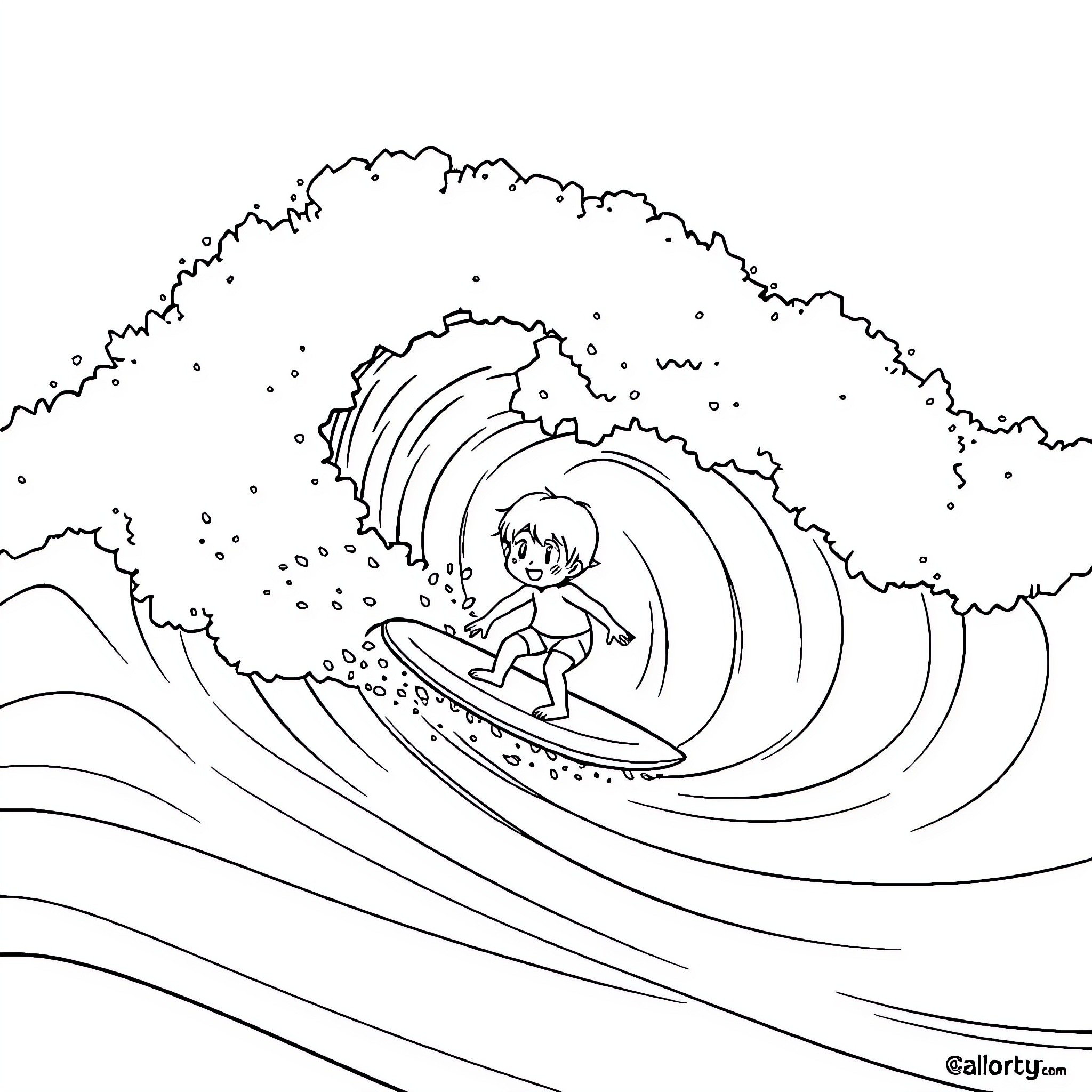 Minions surf in the crashing waves Coloring Page (free black-and-white line drawing printable PDF for all, from beginners to advanced learners, including children, teens, adults, and seniors)