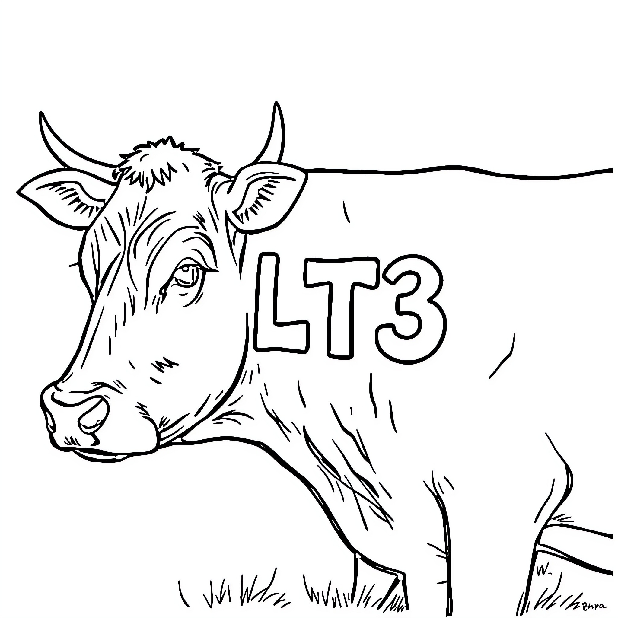 Cow with numbered tag in field Coloring Page (free black-and-white line drawing printable PDF for all, from beginners to advanced learners, including children, teens, adults, and seniors)