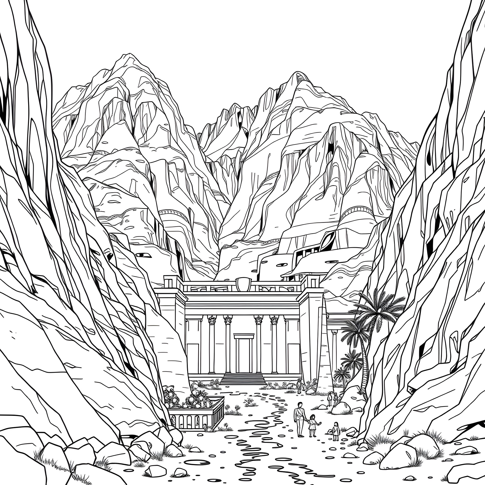 Valley Of The Kings: Ancient Ruins Amidst Majestic Mountains Coloring Page (free black-and-white line drawing printable PDF for all, from beginners to advanced learners, including children, teens, adults, and seniors)
