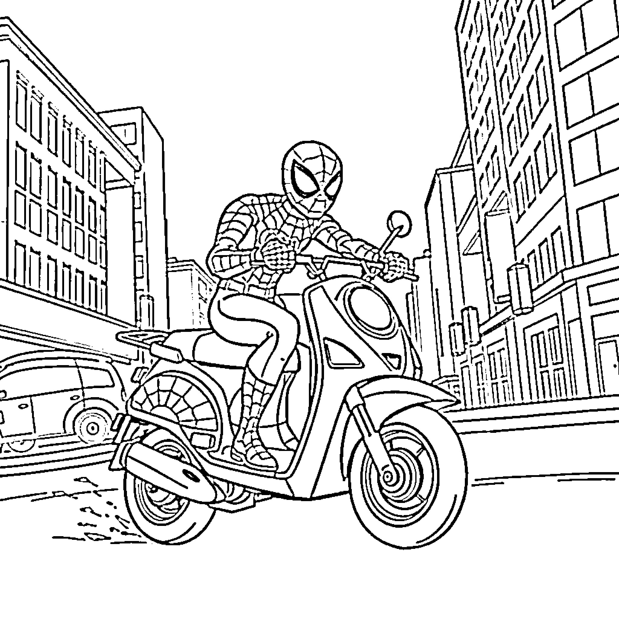 Spiderman riding a scooter in the city Coloring Page (free black-and-white line drawing printable PDF for all, from beginners to advanced learners, including children, teens, adults, and seniors)