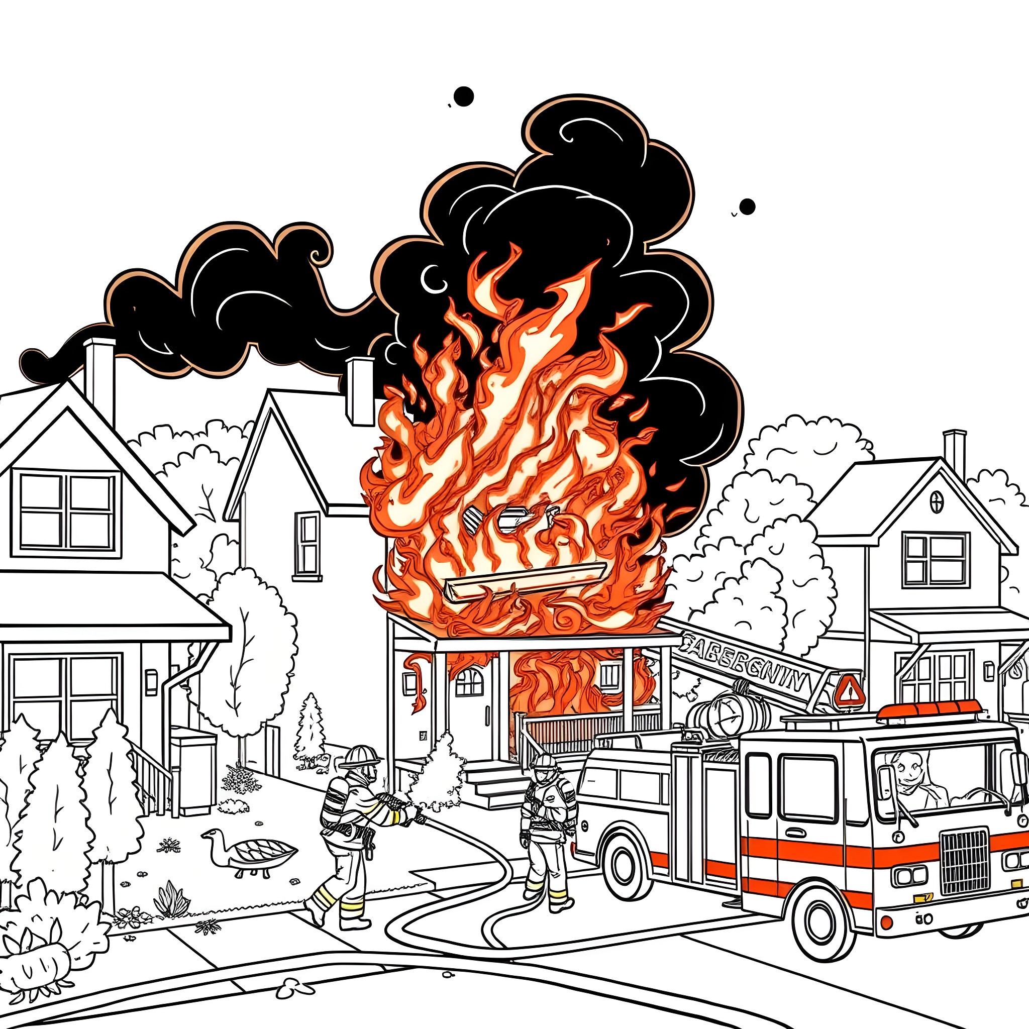 Firefighters battling a blaze in a residential neighborhood Coloring Page (free black-and-white line drawing printable PDF for all, from beginners to advanced learners, including children, teens, adults, and seniors)