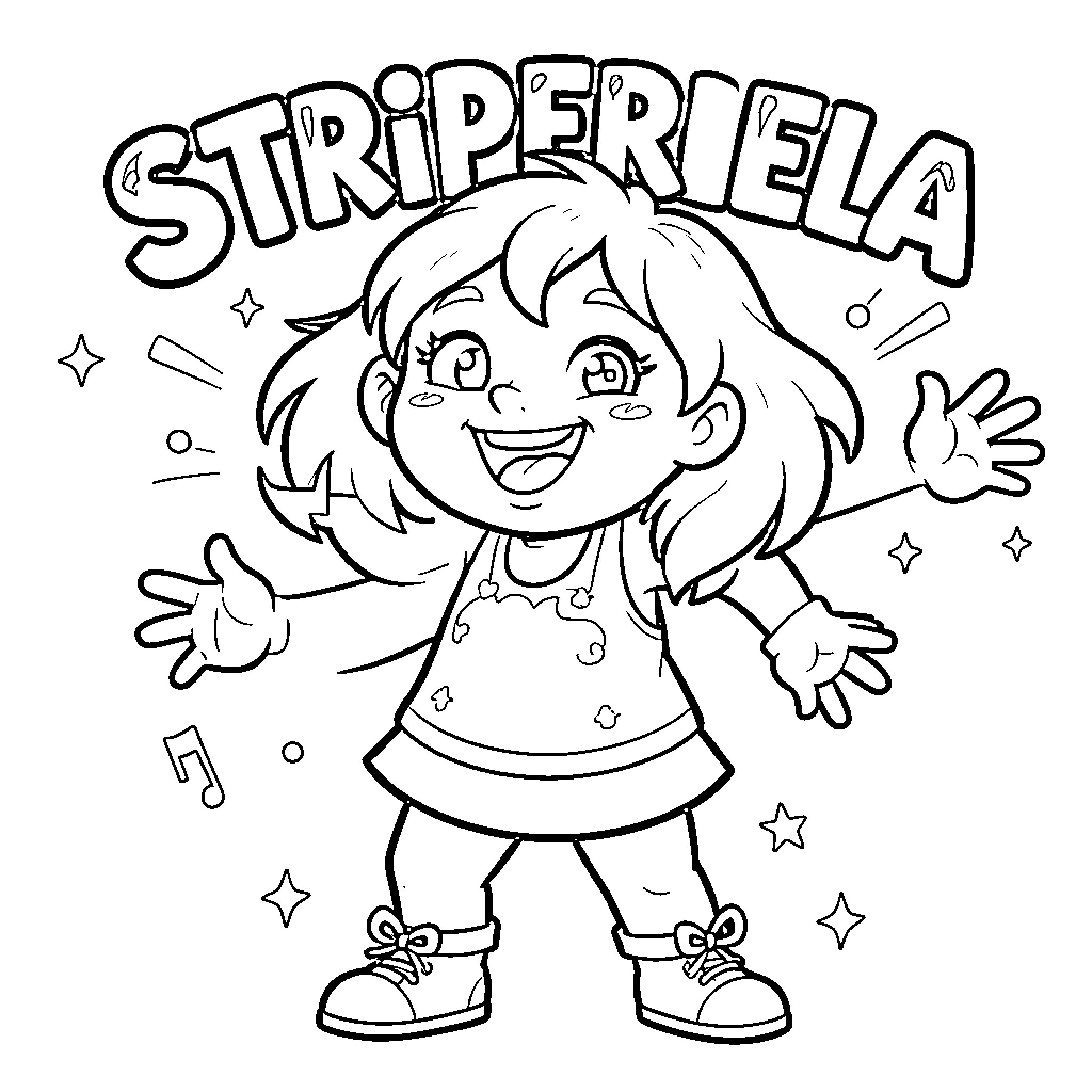 Striperrela smiling joyfully with arms outstretched Coloring Page (free black-and-white line drawing printable PDF for all, from beginners to advanced learners, including children, teens, adults, and seniors)