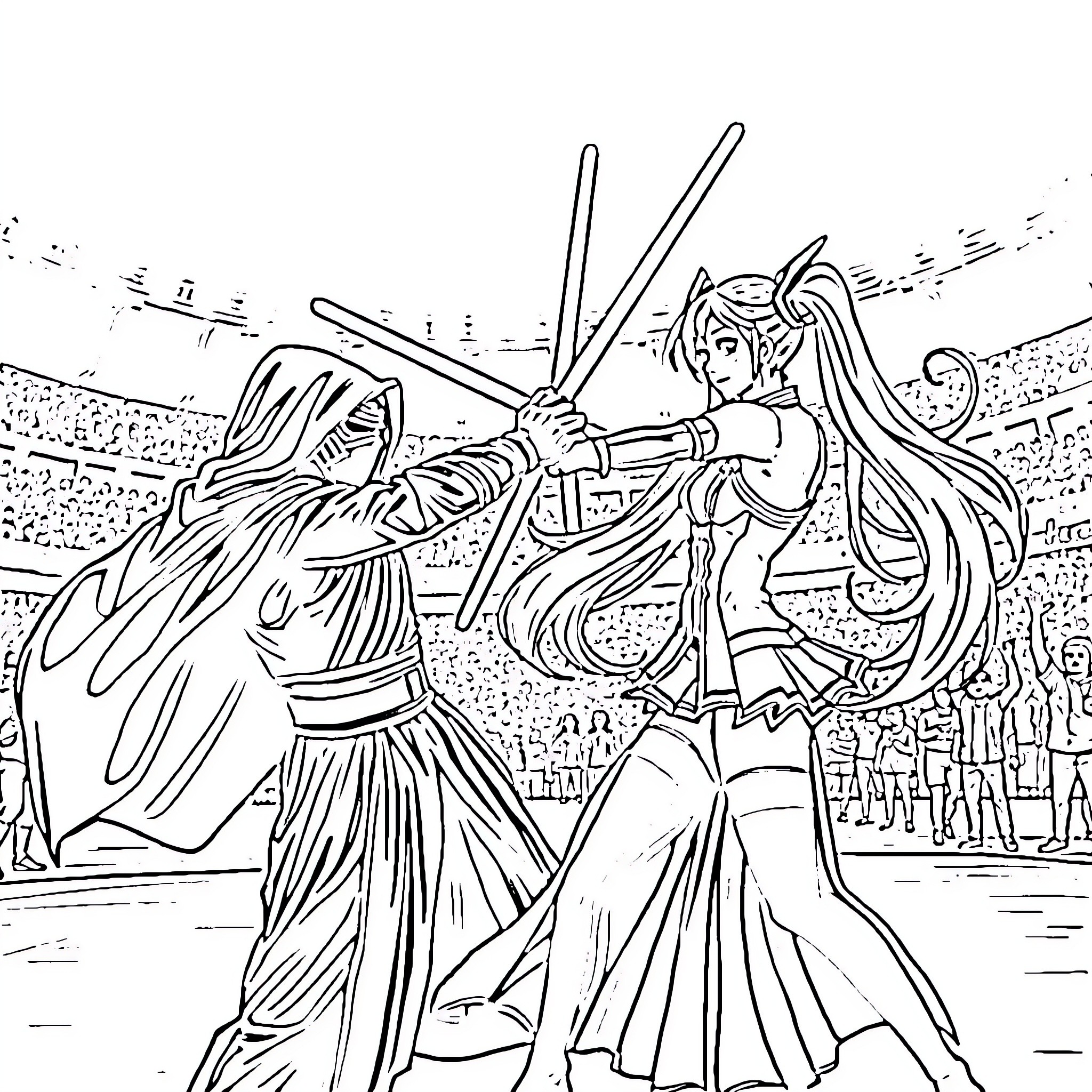 Kylo Ren and Rey engage in an intense lightsaber duel Coloring Page (free black-and-white line drawing printable PDF for all, from beginners to advanced learners, including children, teens, adults, and seniors)