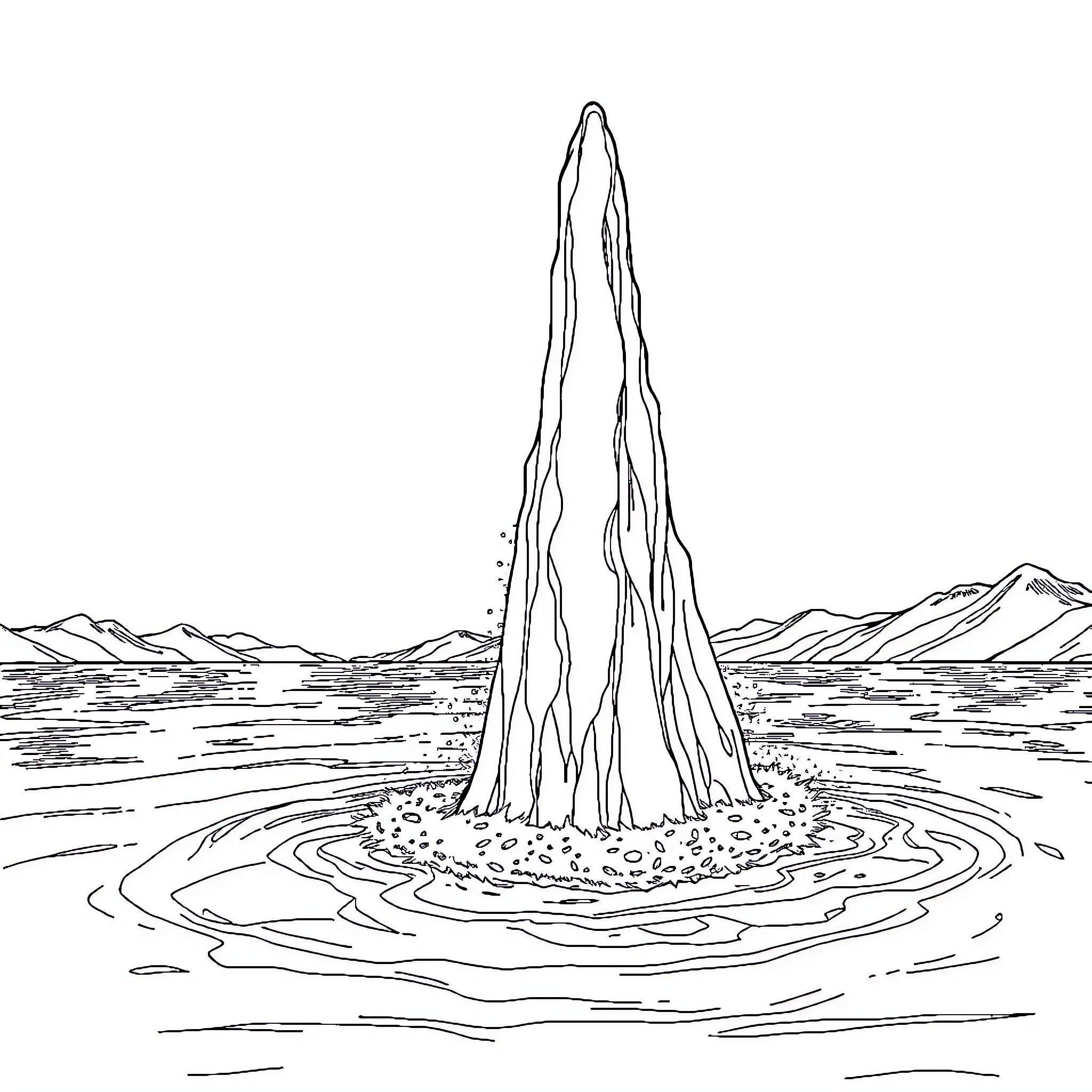 Eisprinzessin's Icy Fountain in a Frozen Landscape Coloring Page (free black-and-white line drawing printable PDF for all, from beginners to advanced learners, including children, teens, adults, and seniors)