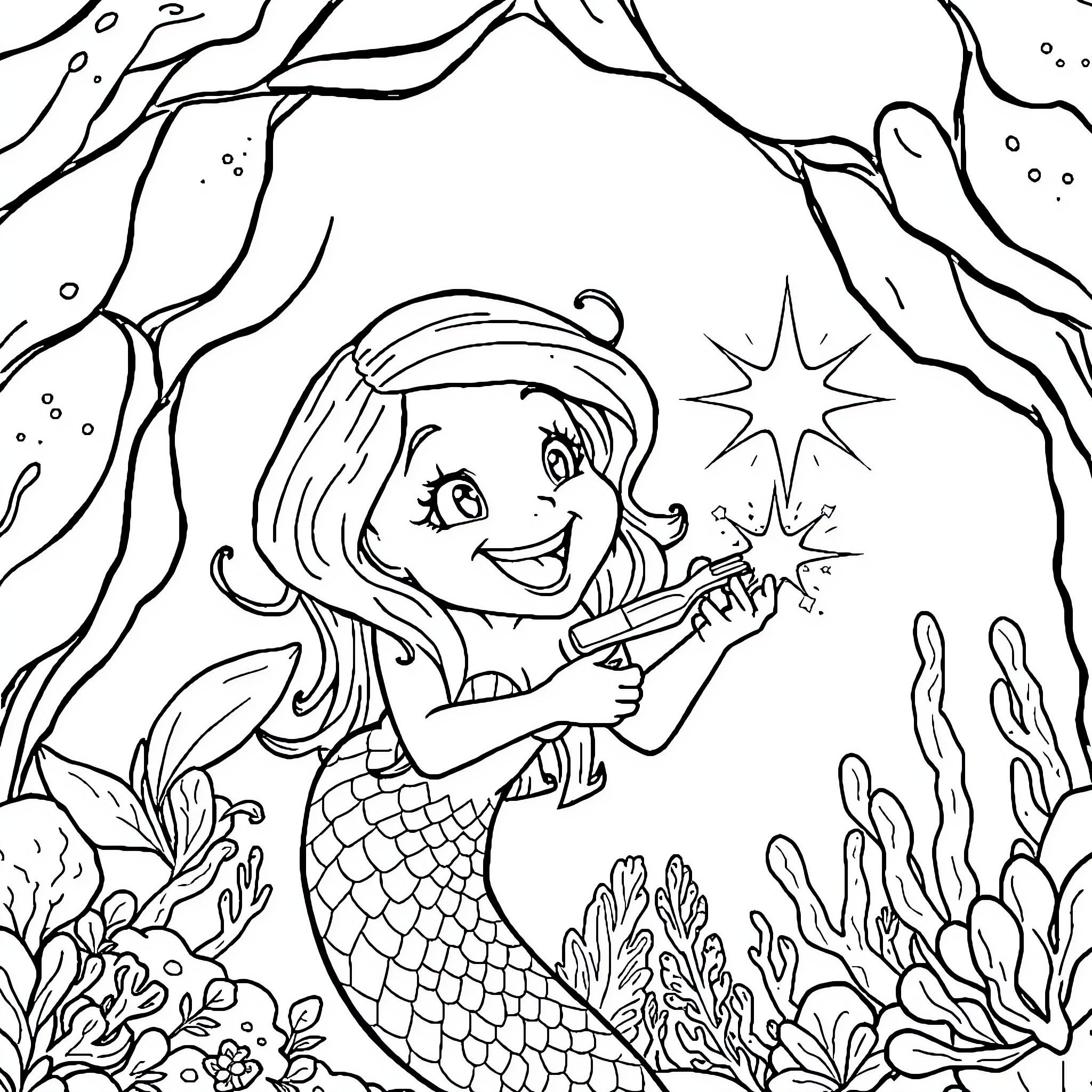 Mermaid enjoying underwater adventure Coloring Page (free black-and-white line drawing printable PDF for all, from beginners to advanced learners, including children, teens, adults, and seniors)