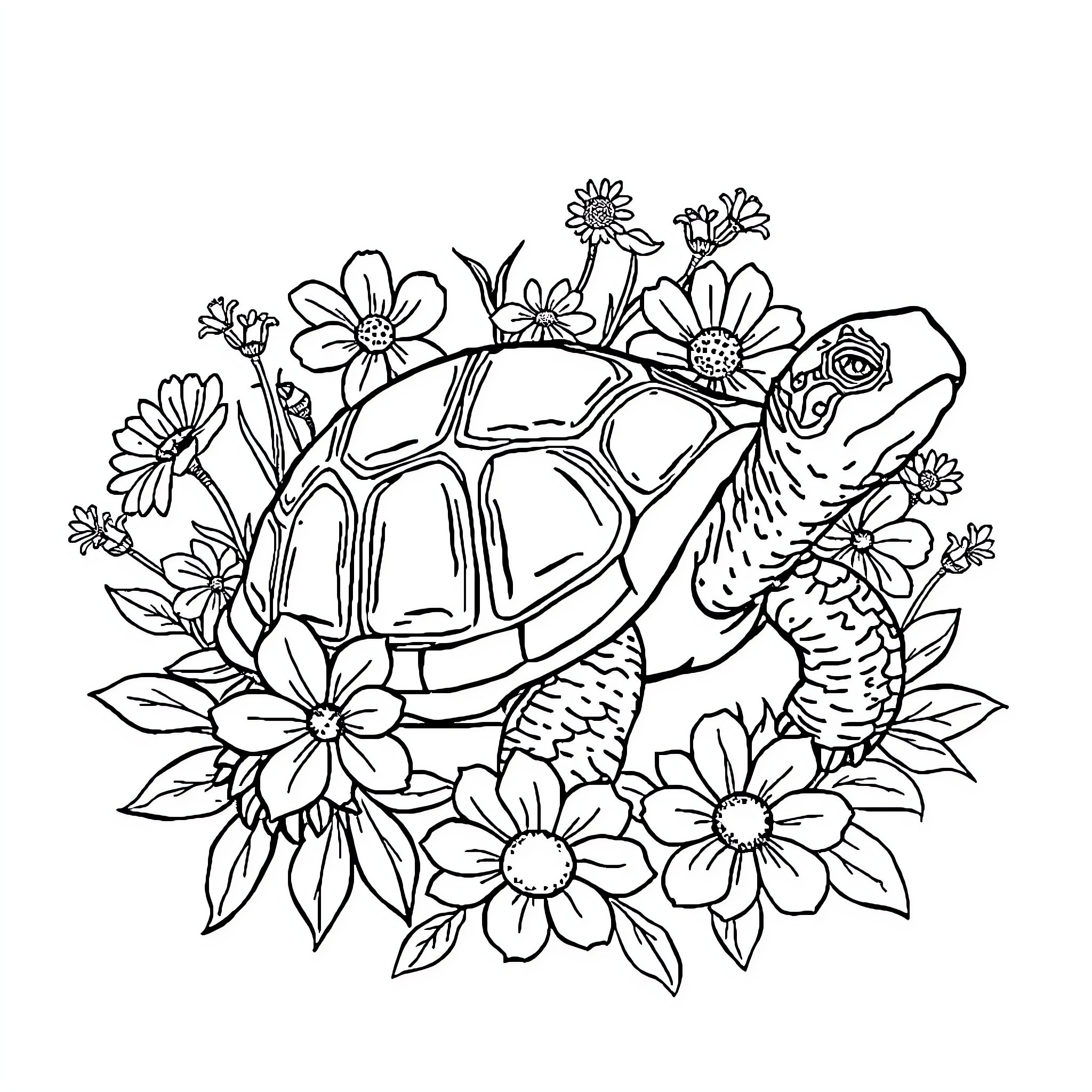 Turtle surrounded by blooming flowers Coloring Page (free black-and-white line drawing printable PDF for all, from beginners to advanced learners, including children, teens, adults, and seniors)