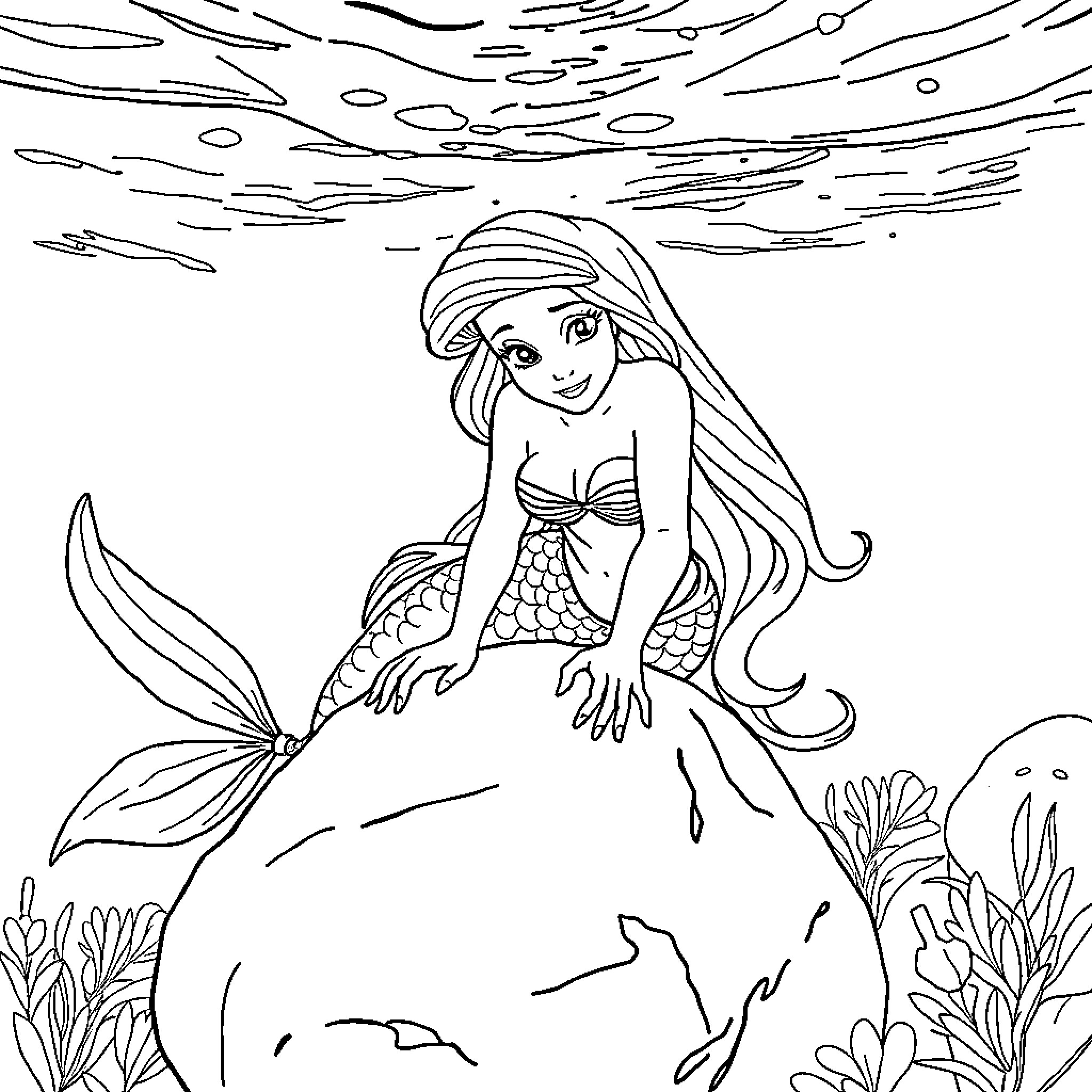 Mermaid swimming gracefully in the underwater world Coloring Page (free black-and-white line drawing printable PDF for all, from beginners to advanced learners, including children, teens, adults, and seniors)
