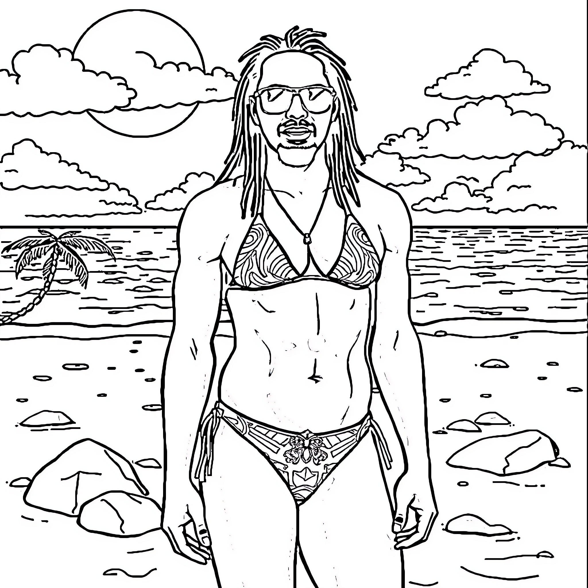 Jonathan Davis enjoying a day at the beach Coloring Page (free black-and-white line drawing printable PDF for all, from beginners to advanced learners, including children, teens, adults, and seniors)