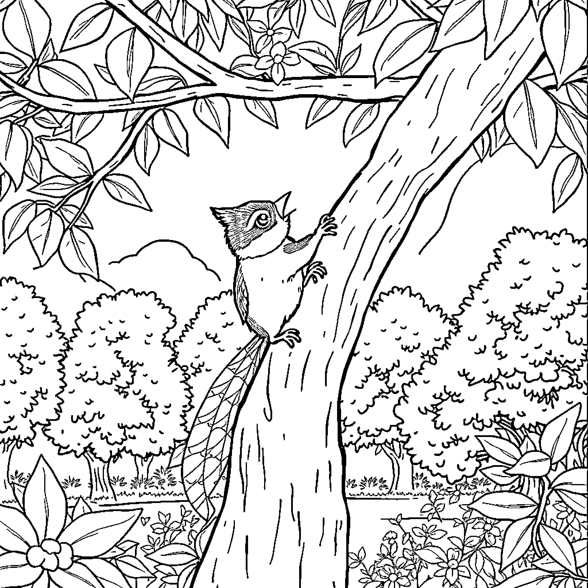 Squirrel exploring the lush forest Coloring Page (free black-and-white line drawing printable PDF for all, from beginners to advanced learners, including children, teens, adults, and seniors)