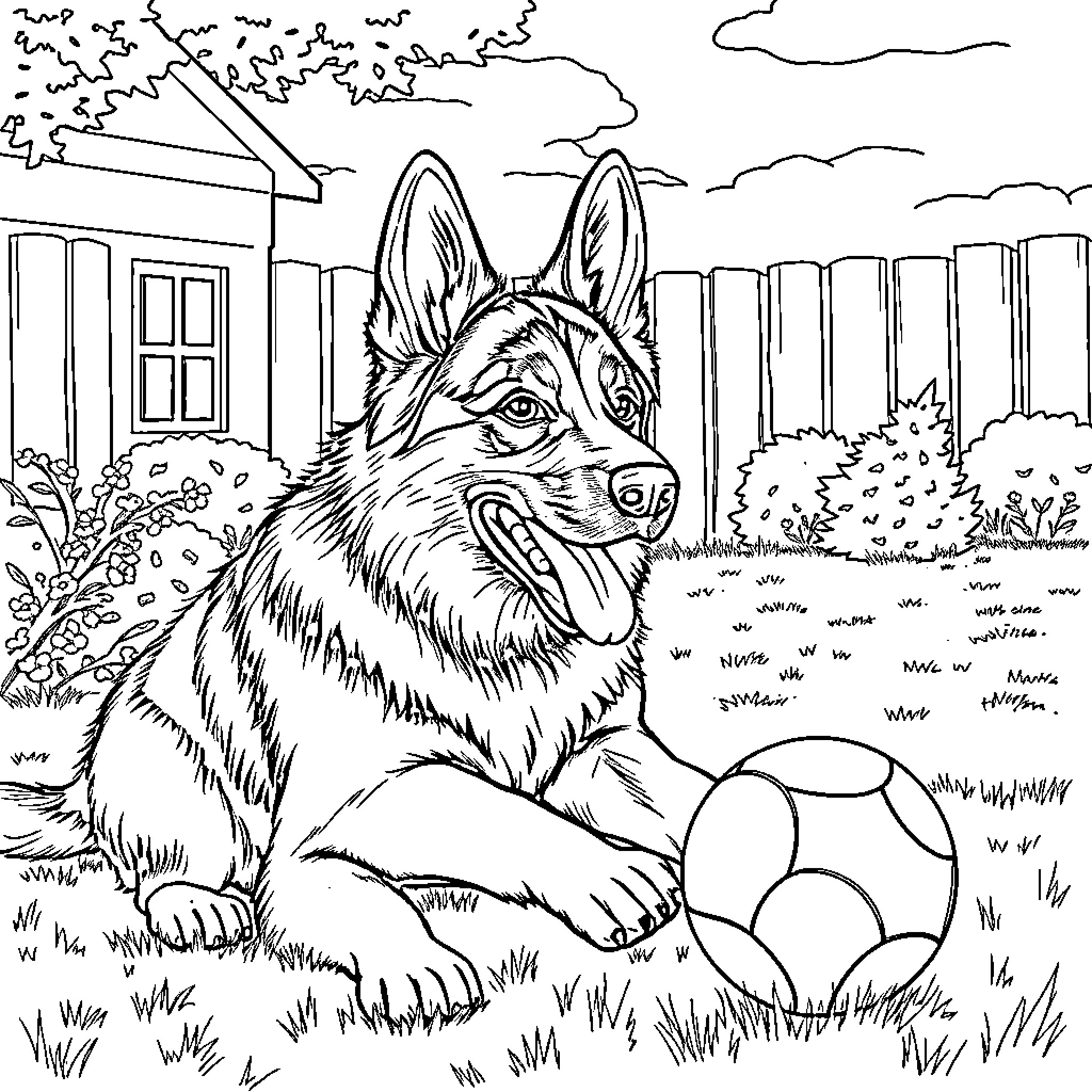 German Shepherd guarding a backyard scene Coloring Page (free black-and-white line drawing printable PDF for all, from beginners to advanced learners, including children, teens, adults, and seniors)