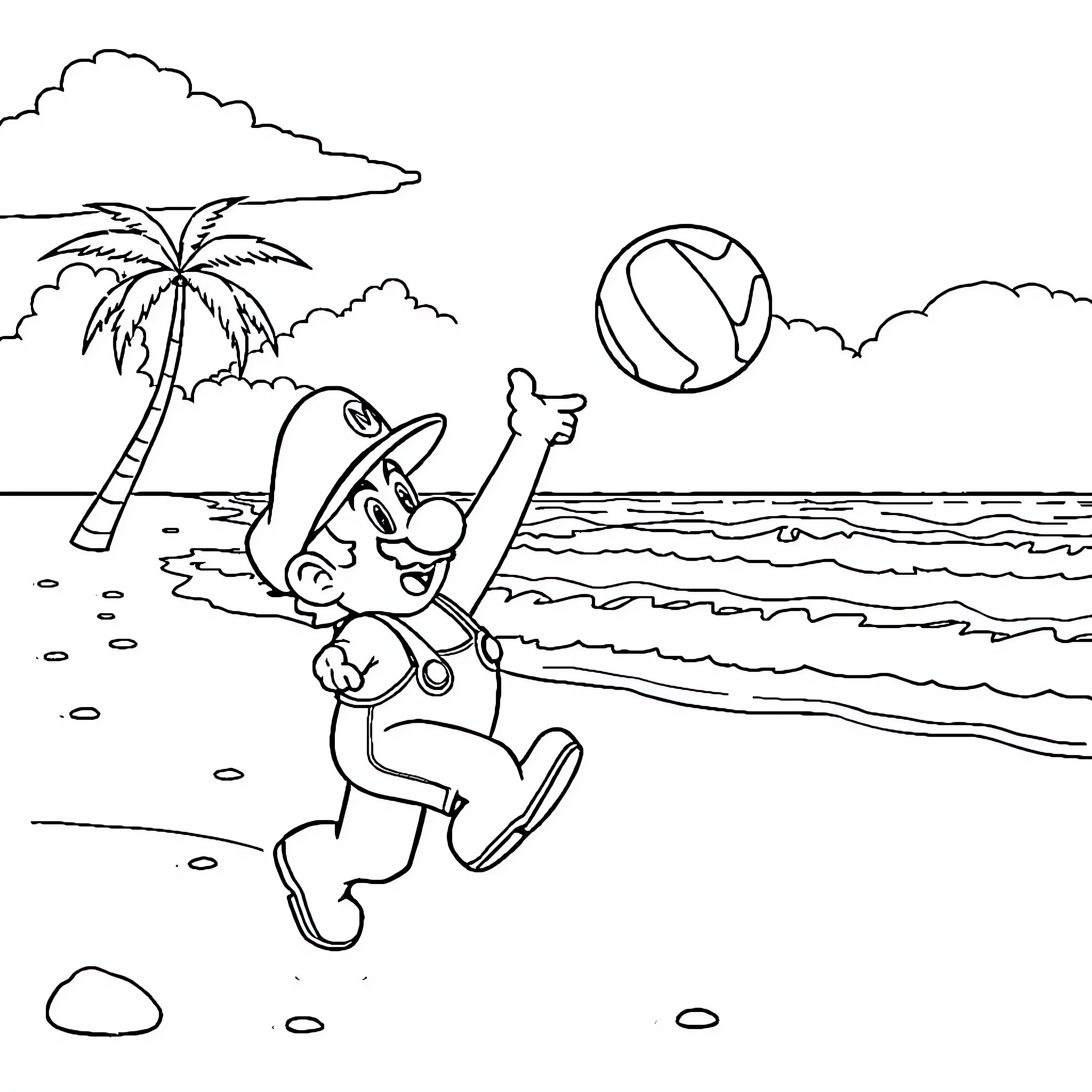 Mario playing joyfully on the beach Coloring Page (free black-and-white line drawing printable PDF for all, from beginners to advanced learners, including children, teens, adults, and seniors)
