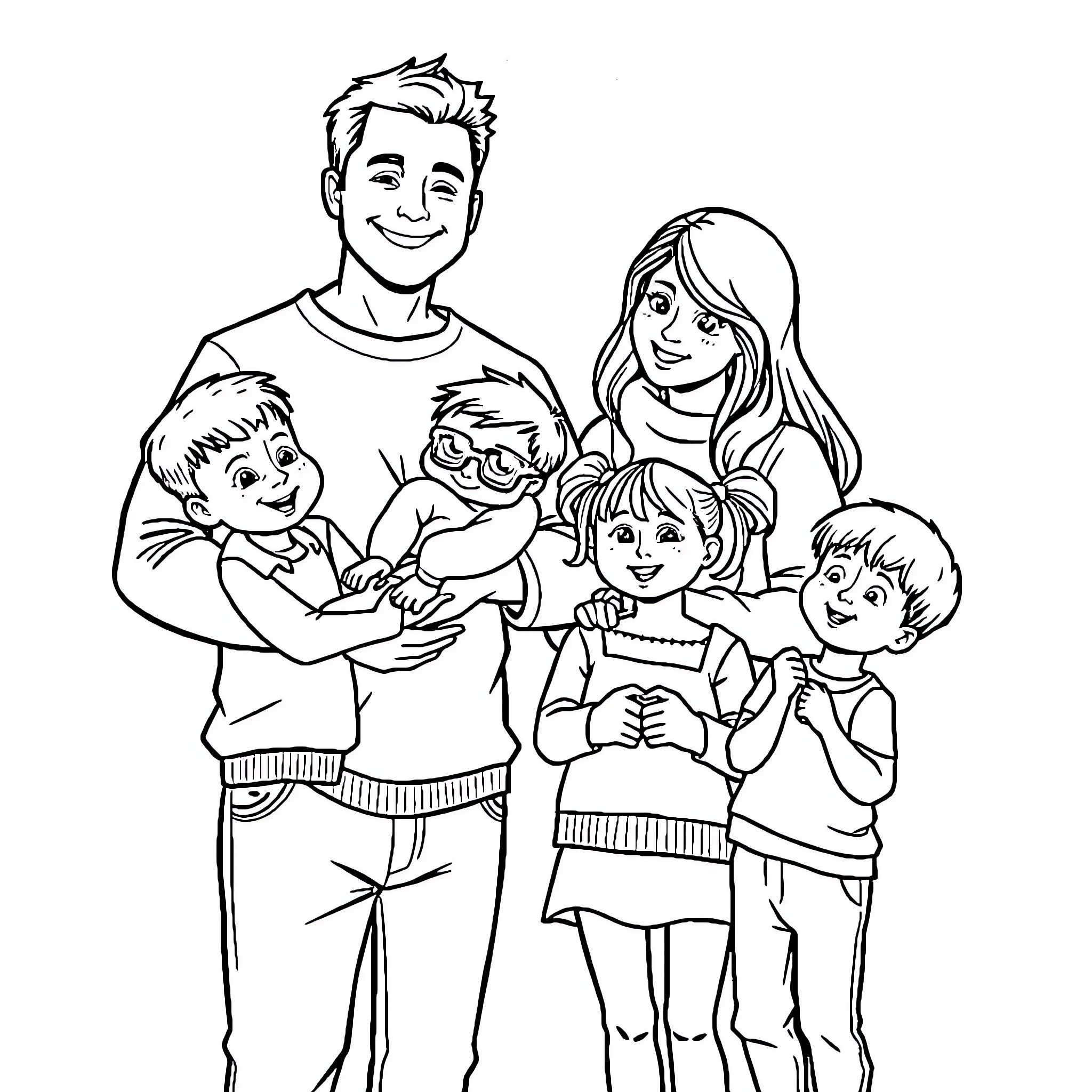 Family Enjoying Quality Time Together Coloring Page (free black-and-white line drawing printable PDF for all, from beginners to advanced learners, including children, teens, adults, and seniors)