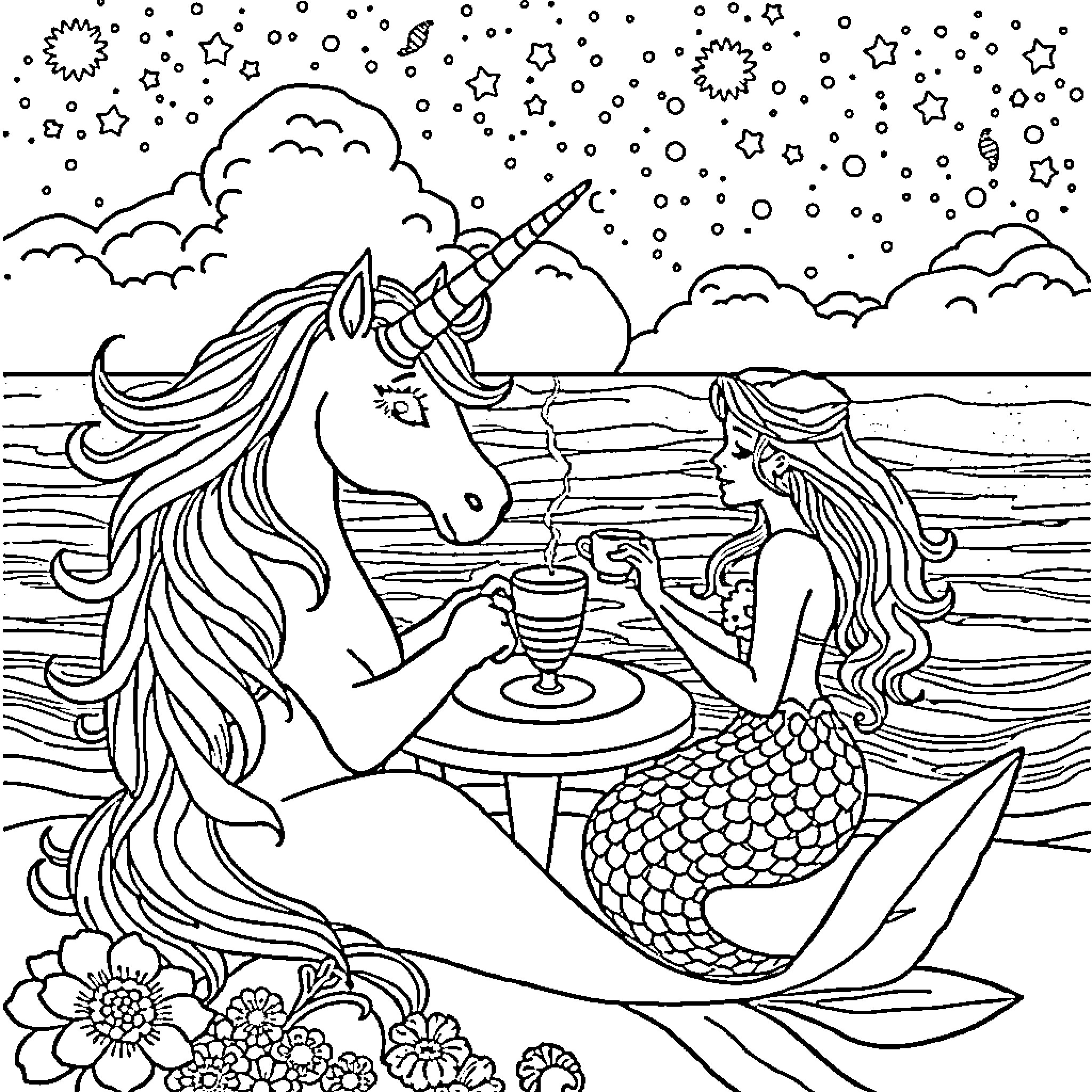 Unicorn and Mermaid Dining Together by the Sea Coloring Page (free black-and-white line drawing printable PDF for all, from beginners to advanced learners, including children, teens, adults, and seniors)