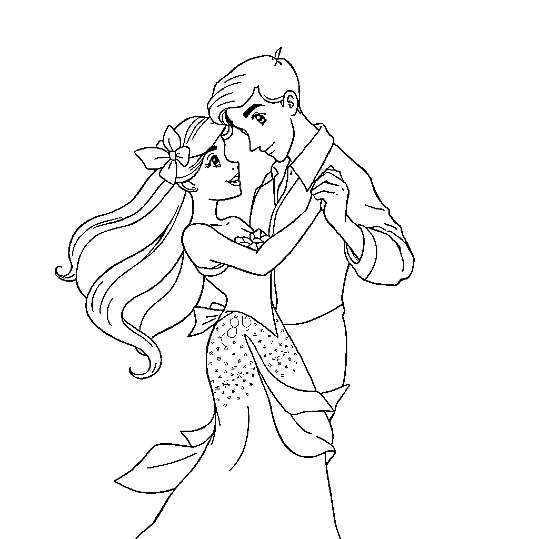 Ariel and Prince Eric embracing romantically Coloring Page (free black-and-white line drawing printable PDF for all, from beginners to advanced learners, including children, teens, adults, and seniors)