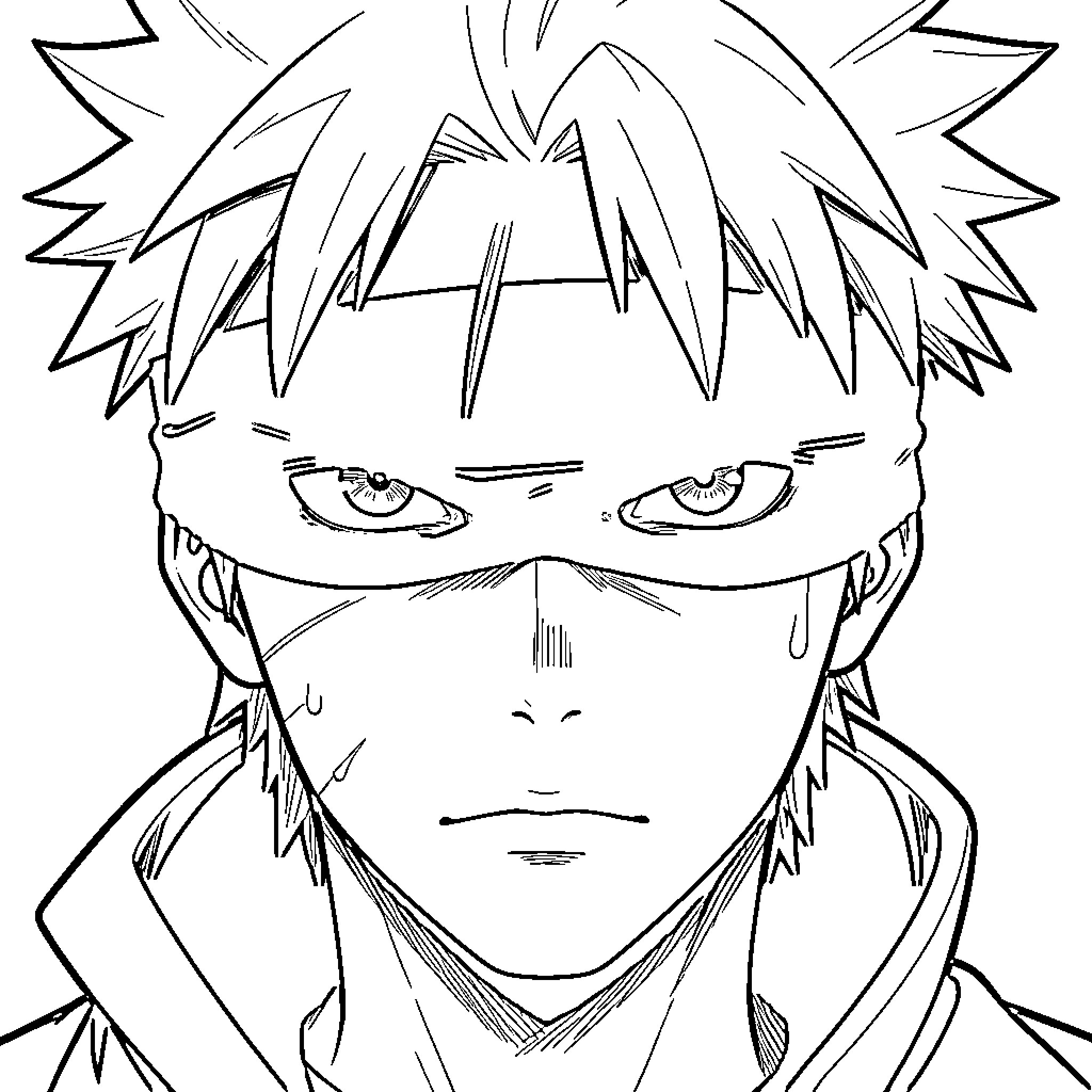 Gojo wearing a blindfold with a serious expression Coloring Page (free black-and-white line drawing printable PDF for all, from beginners to advanced learners, including children, teens, adults, and seniors)