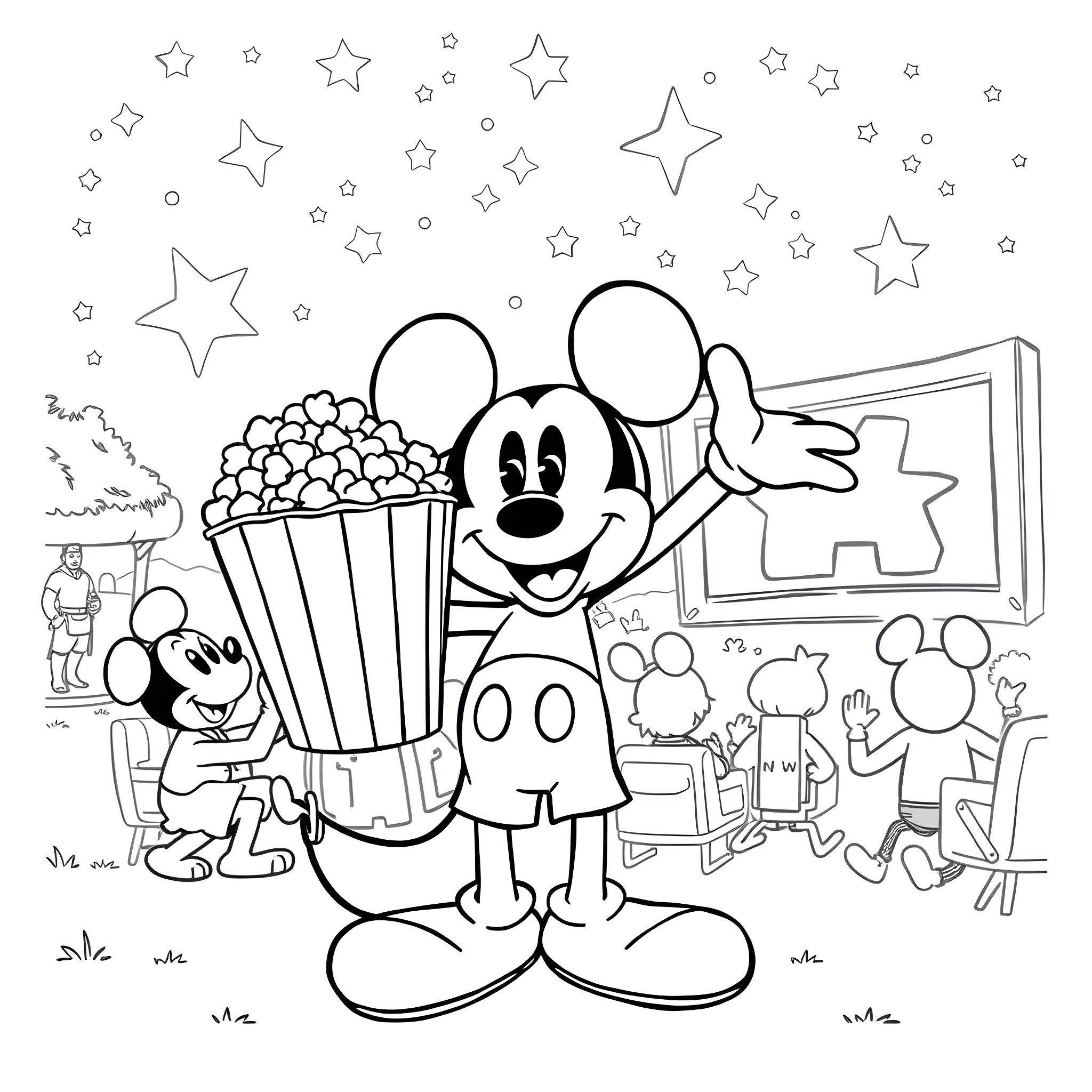 Mickey Mouse enjoying movie night with popcorn Coloring Page (free black-and-white line drawing printable PDF for all, from beginners to advanced learners, including children, teens, adults, and seniors)