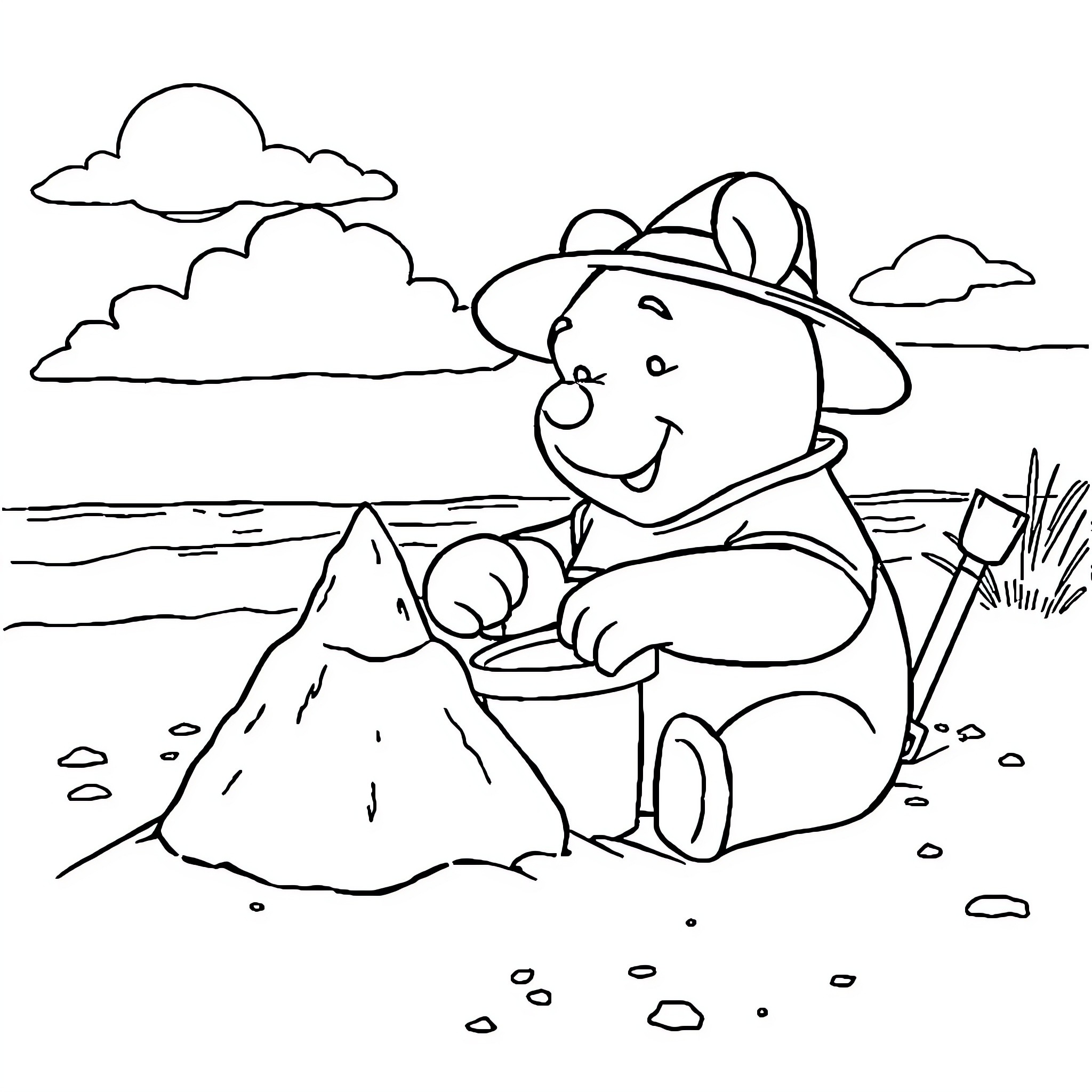 Winnie The Pooh playing with rocks on the beach Coloring Page (free black-and-white line drawing printable PDF for all, from beginners to advanced learners, including children, teens, adults, and seniors)