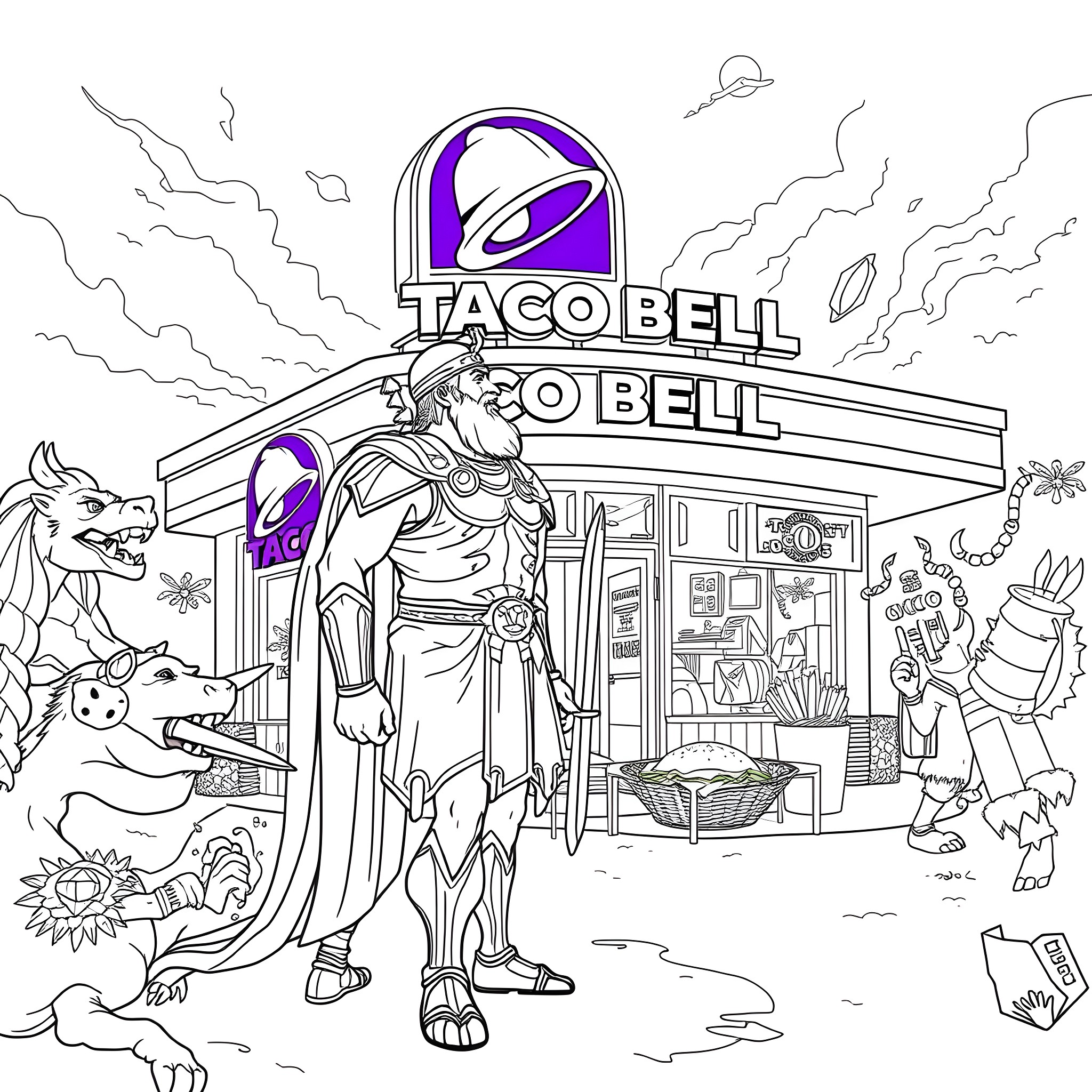 Odysseus confronts the Taco Bell challenges and temptations Coloring Page (free black-and-white line drawing printable PDF for all, from beginners to advanced learners, including children, teens, adults, and seniors)