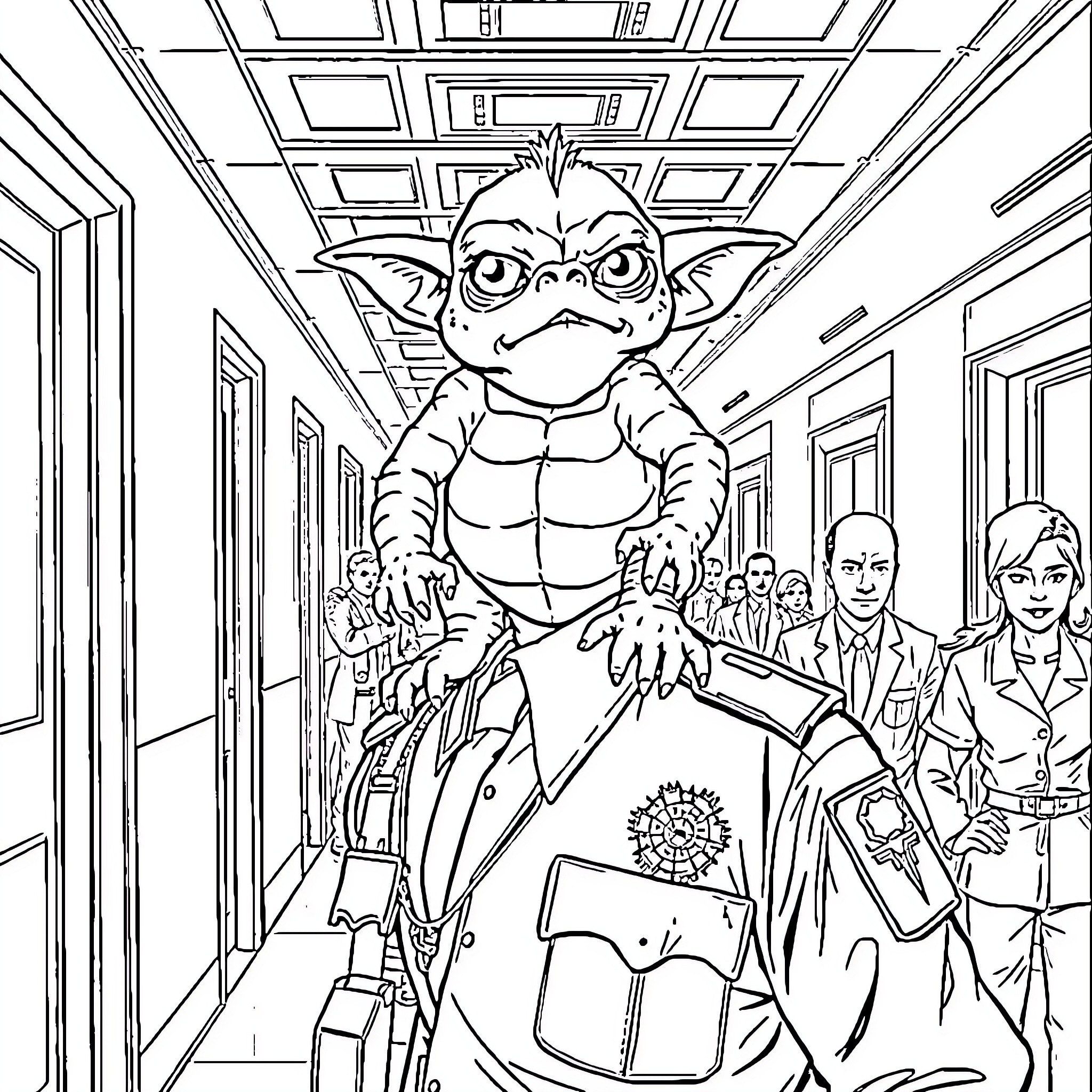 Kuato traversing a corporate office with officials Coloring Page (free black-and-white line drawing printable PDF for all, from beginners to advanced learners, including children, teens, adults, and seniors)