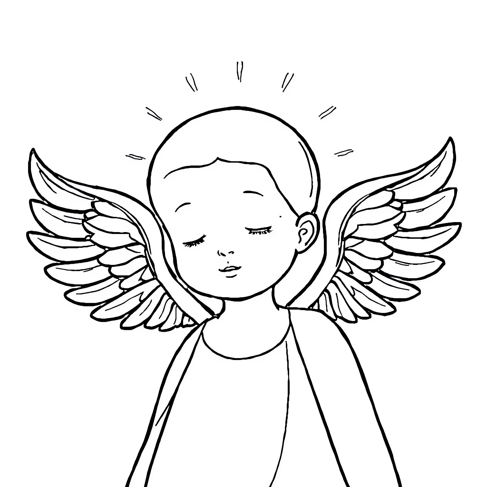 Angel of Peace Resting with Serene Expression Coloring Page (free black-and-white line drawing printable PDF for all, from beginners to advanced learners, including children, teens, adults, and seniors)