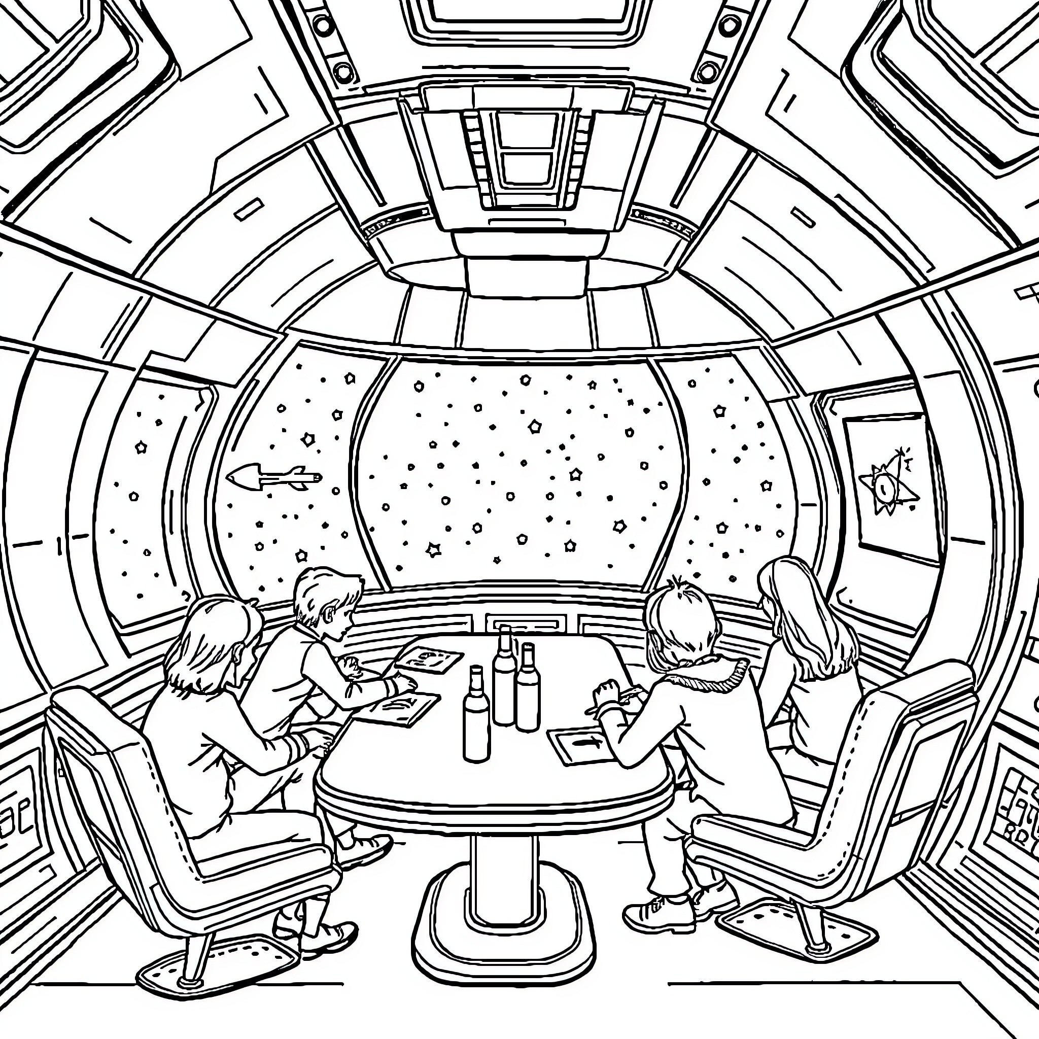 Spaceship interior with crew enjoying cosmic view Coloring Page (free black-and-white line drawing printable PDF for all, from beginners to advanced learners, including children, teens, adults, and seniors)