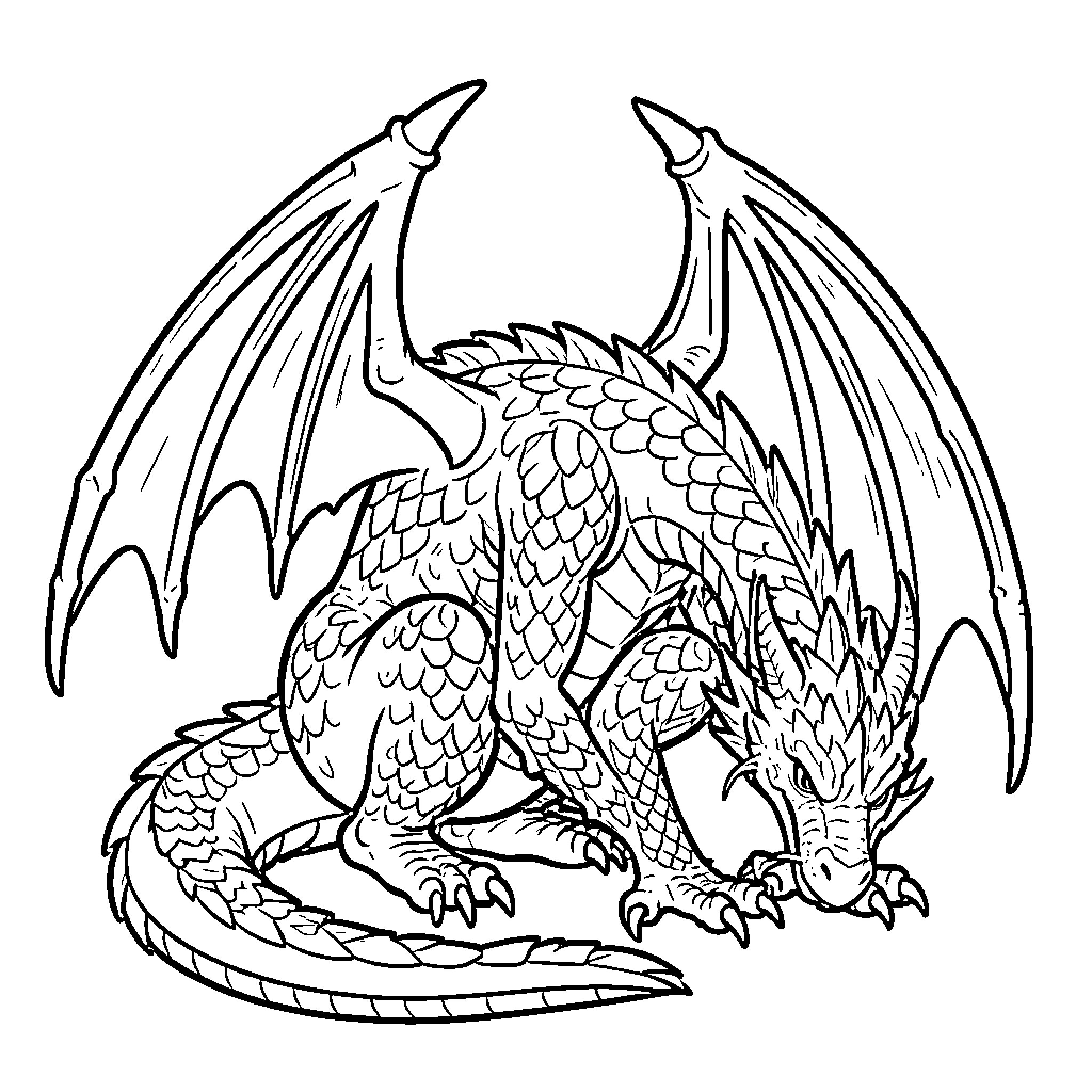 Dragon crouching low with large spreading wings Coloring Page (free black-and-white line drawing printable PDF for all, from beginners to advanced learners, including children, teens, adults, and seniors)