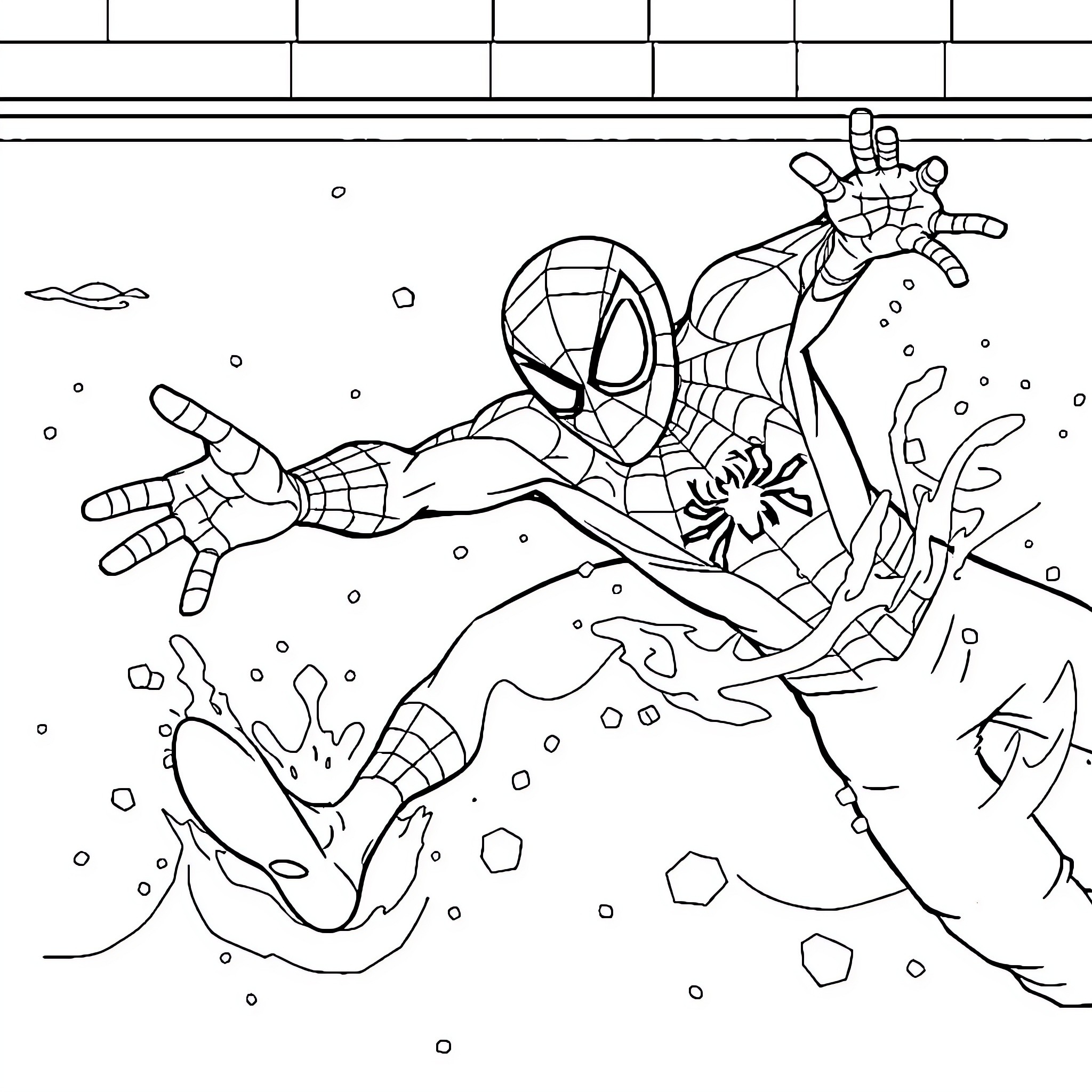 Spider-Man swinging through the city with action Coloring Page (free black-and-white line drawing printable PDF for all, from beginners to advanced learners, including children, teens, adults, and seniors)