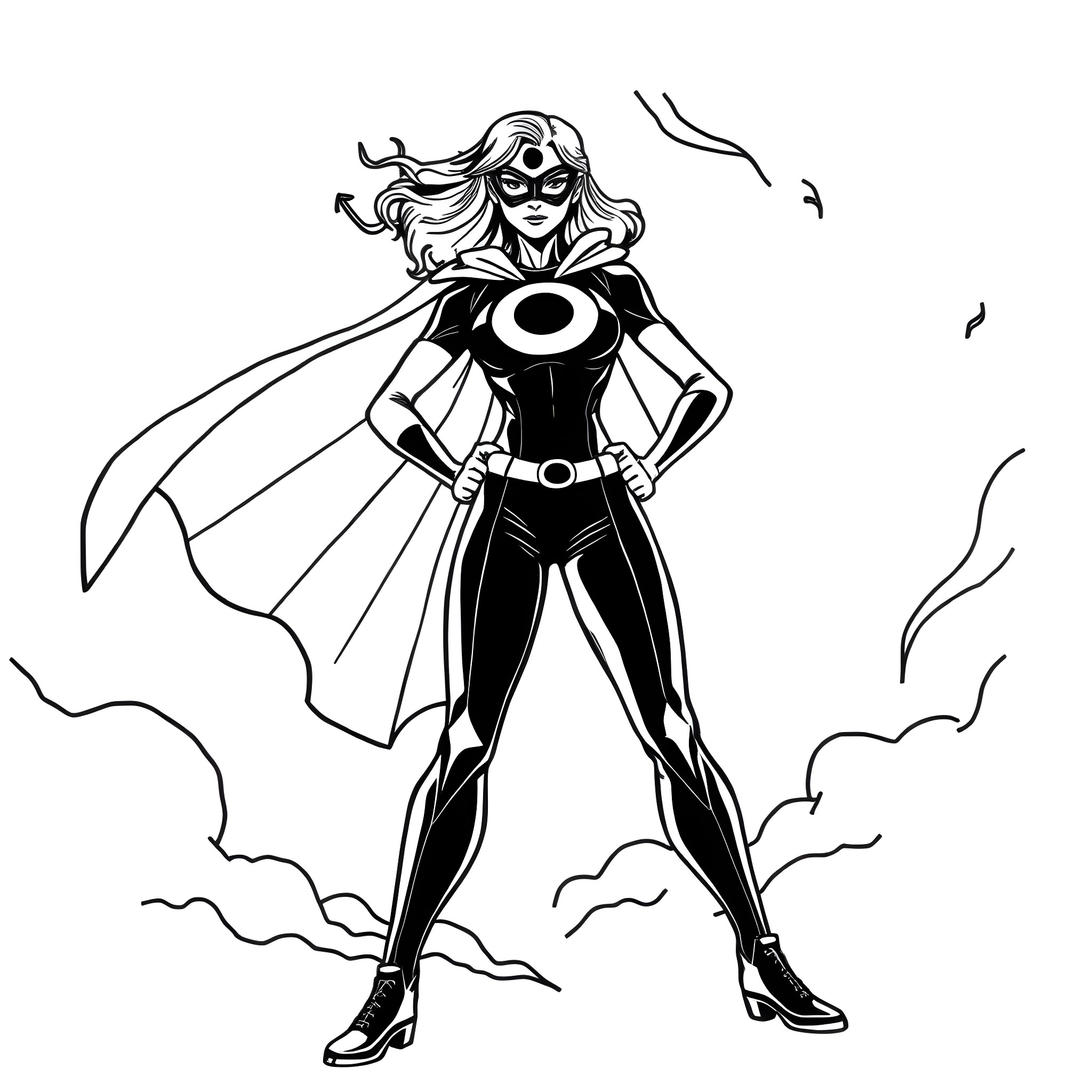Super Girl Heroic Pose in Striking Outfit Coloring Page (free black-and-white line drawing printable PDF for all, from beginners to advanced learners, including children, teens, adults, and seniors)