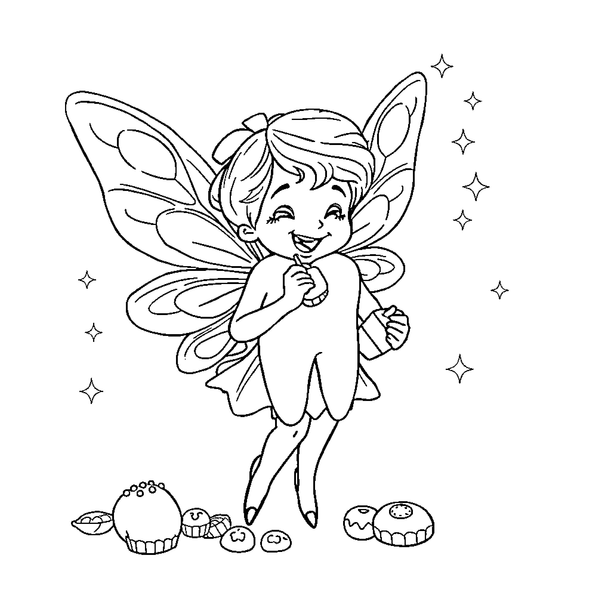 Tooth Fairy with Fairy Wings Collecting Teeth Coloring Page (free black-and-white line drawing printable PDF for all, from beginners to advanced learners, including children, teens, adults, and seniors)