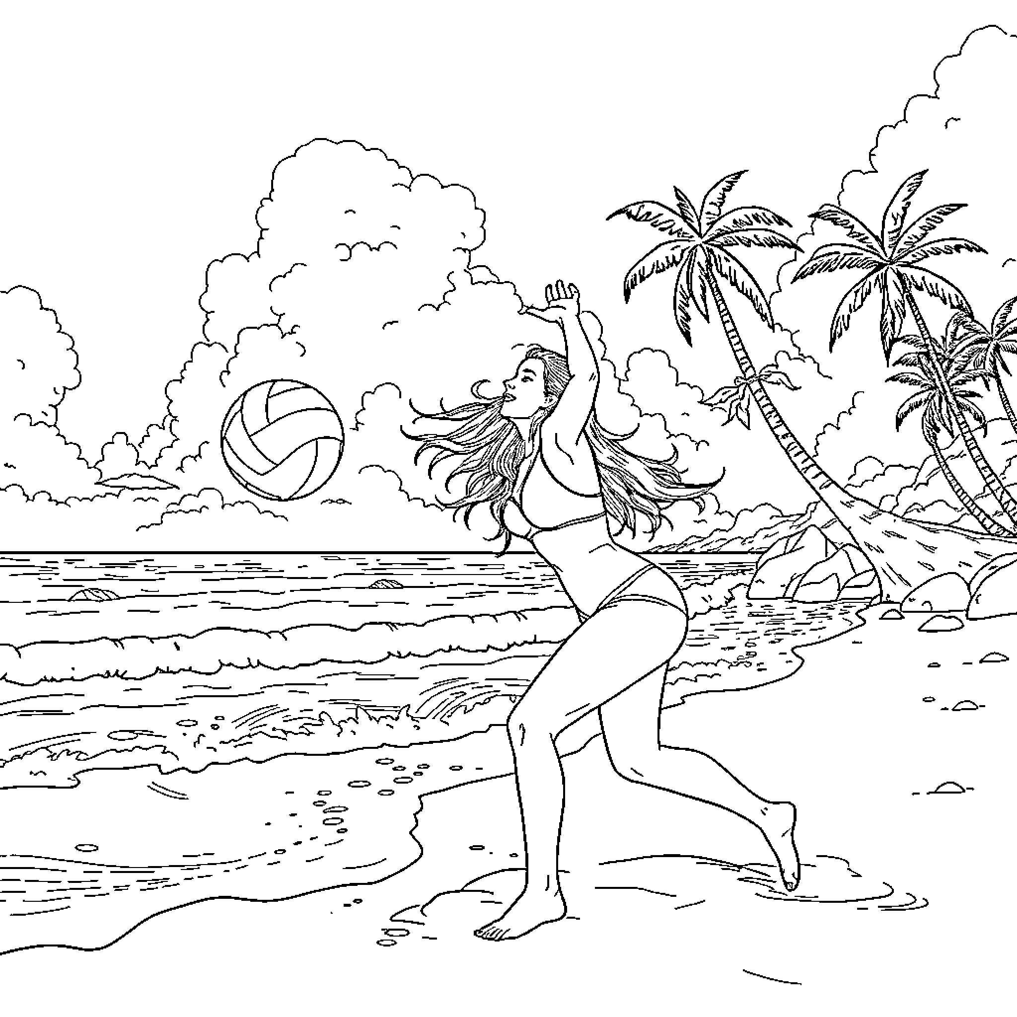 Billie Eilish playing volleyball on a tropical beach Coloring Page (free black-and-white line drawing printable PDF for all, from beginners to advanced learners, including children, teens, adults, and seniors)