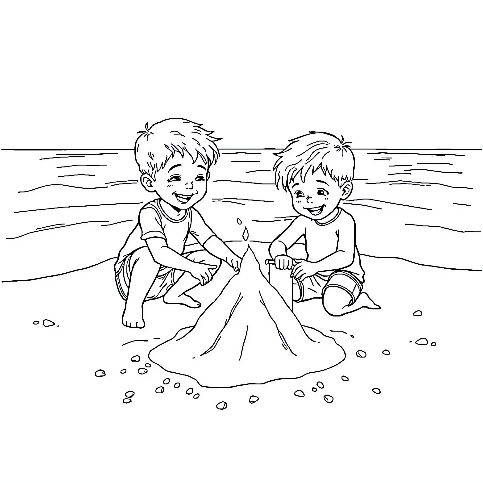 Boys playing with sand on the beach Coloring Page (free black-and-white line drawing printable PDF for all, from beginners to advanced learners, including children, teens, adults, and seniors)