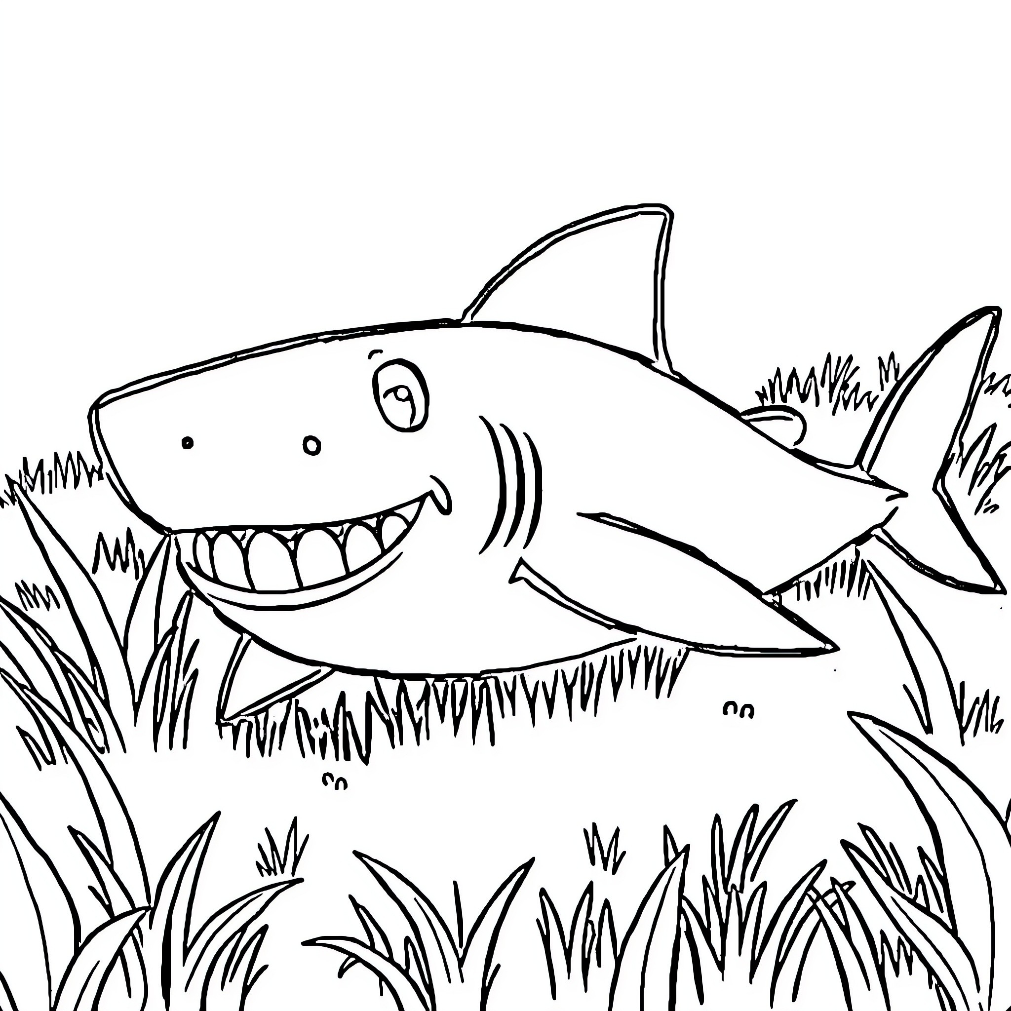 Jeff the Smiling Shark in the Grassy Sea Coloring Page (free black-and-white line drawing printable PDF for all, from beginners to advanced learners, including children, teens, adults, and seniors)