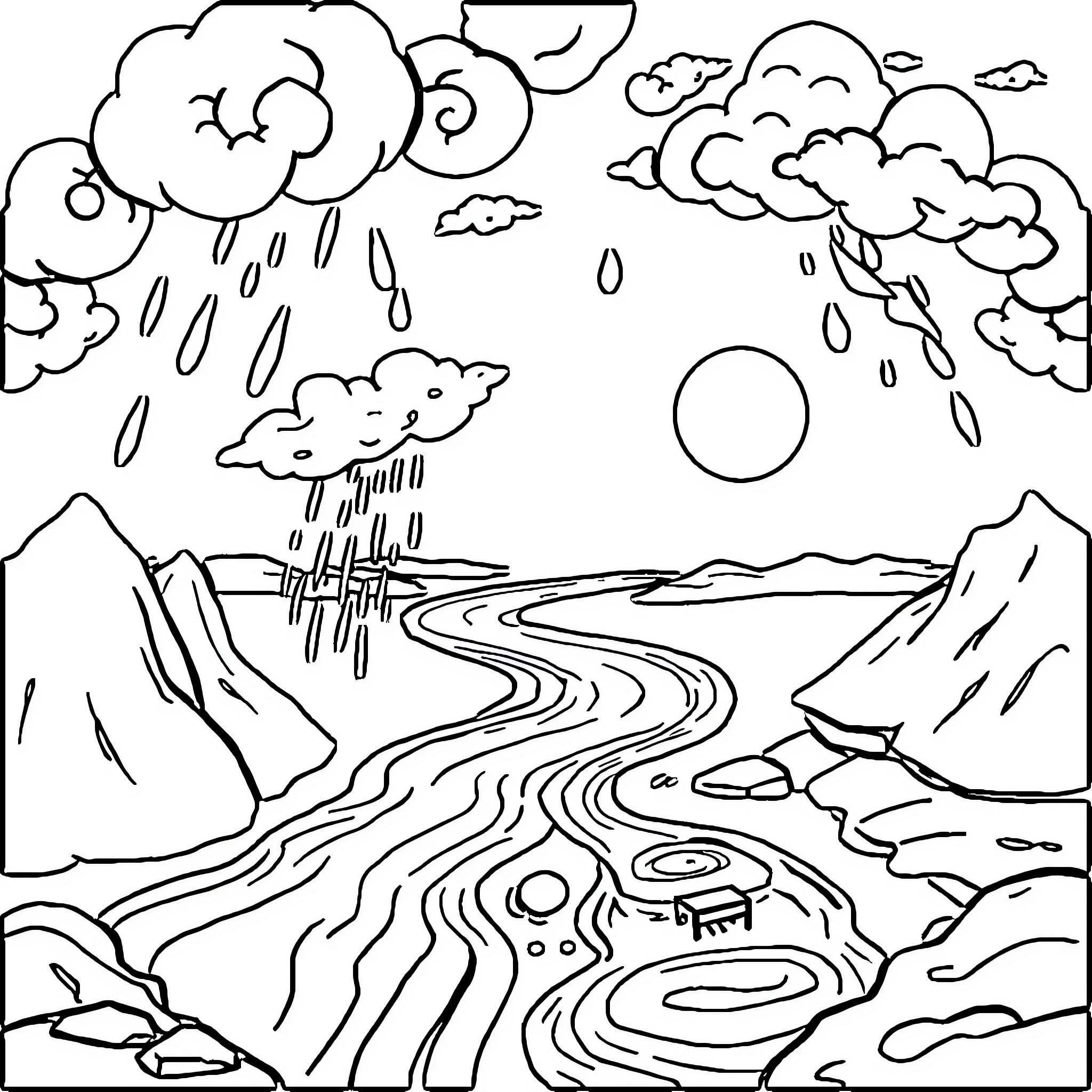 Water Cycle in Mountainous Landscape Coloring Page (free black-and-white line drawing printable PDF for all, from beginners to advanced learners, including children, teens, adults, and seniors)
