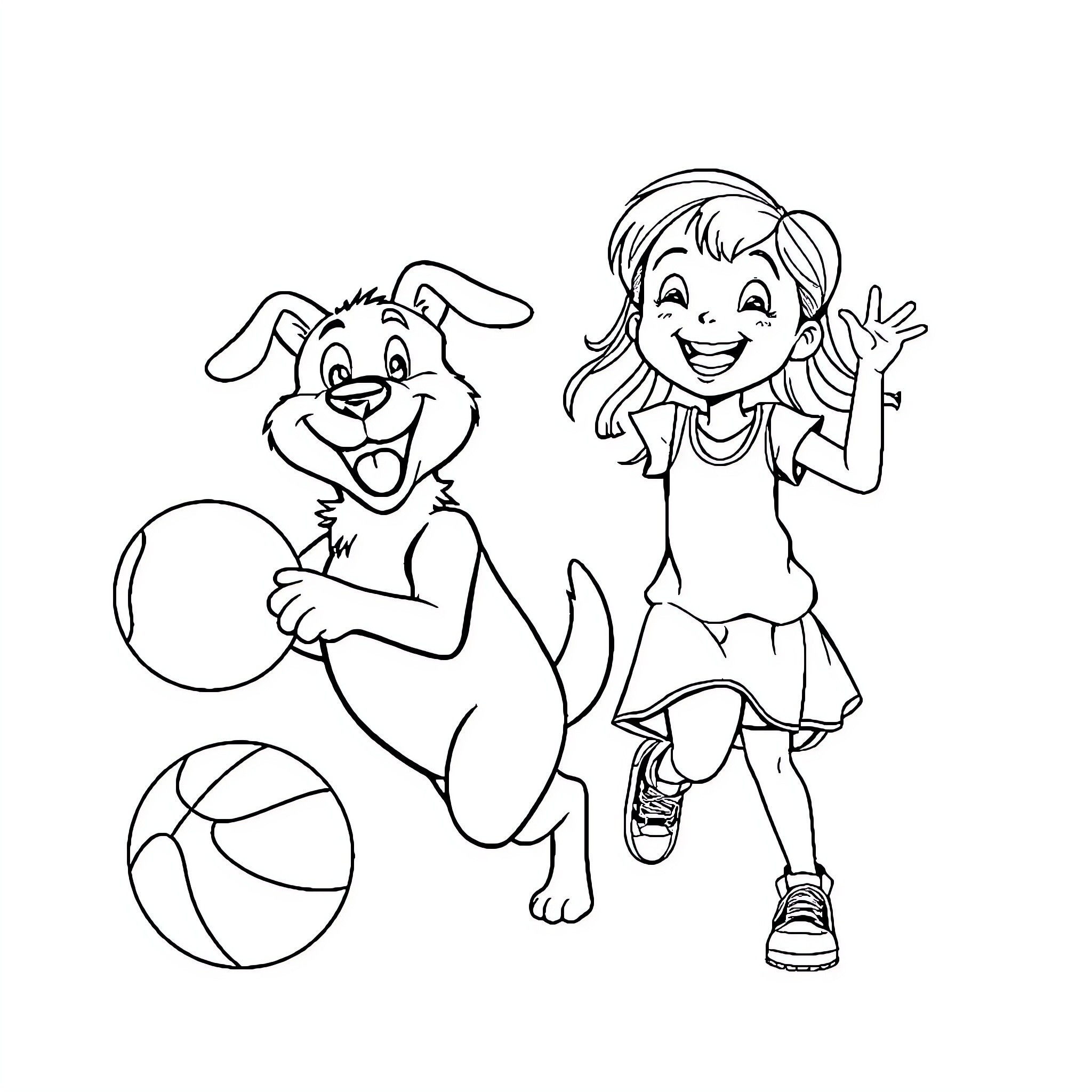 Dog and girl playing with ball happily Coloring Page (free black-and-white line drawing printable PDF for all, from beginners to advanced learners, including children, teens, adults, and seniors)
