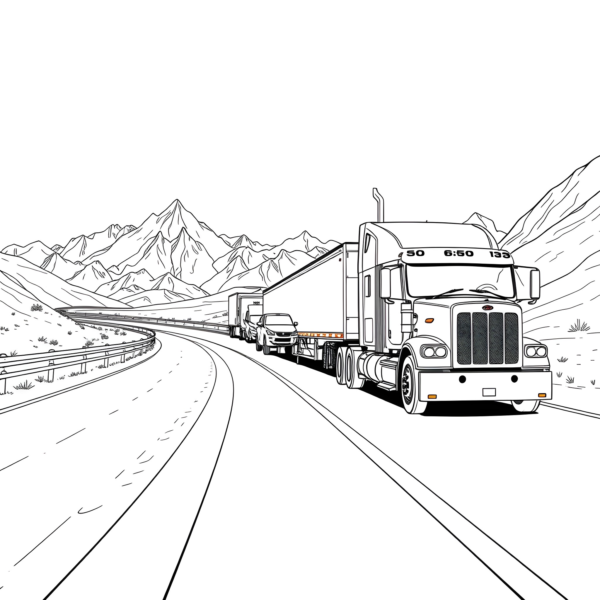 Car Hauler on a Winding Mountain Road Coloring Page (free black-and-white line drawing printable PDF for all, from beginners to advanced learners, including children, teens, adults, and seniors)