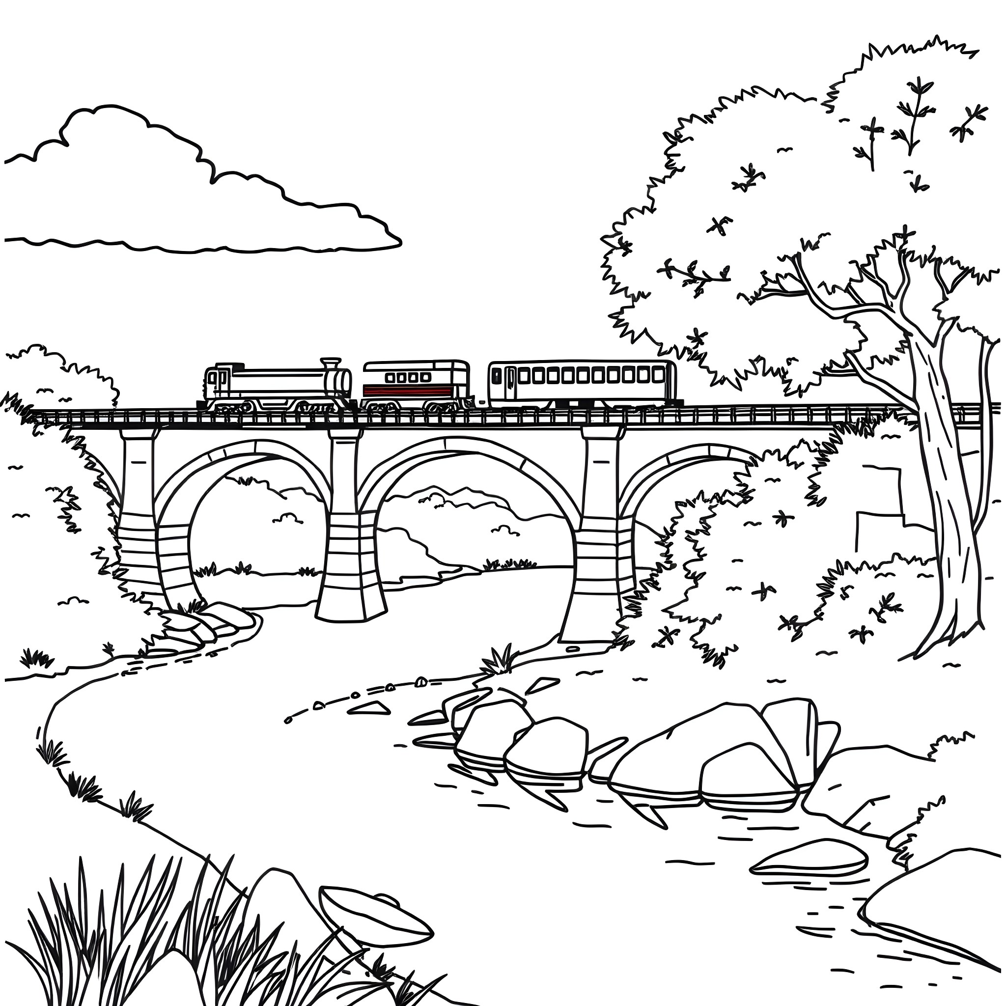 Train crossing over a bridge in a scenic landscape Coloring Page (free black-and-white line drawing printable PDF for all, from beginners to advanced learners, including children, teens, adults, and seniors)