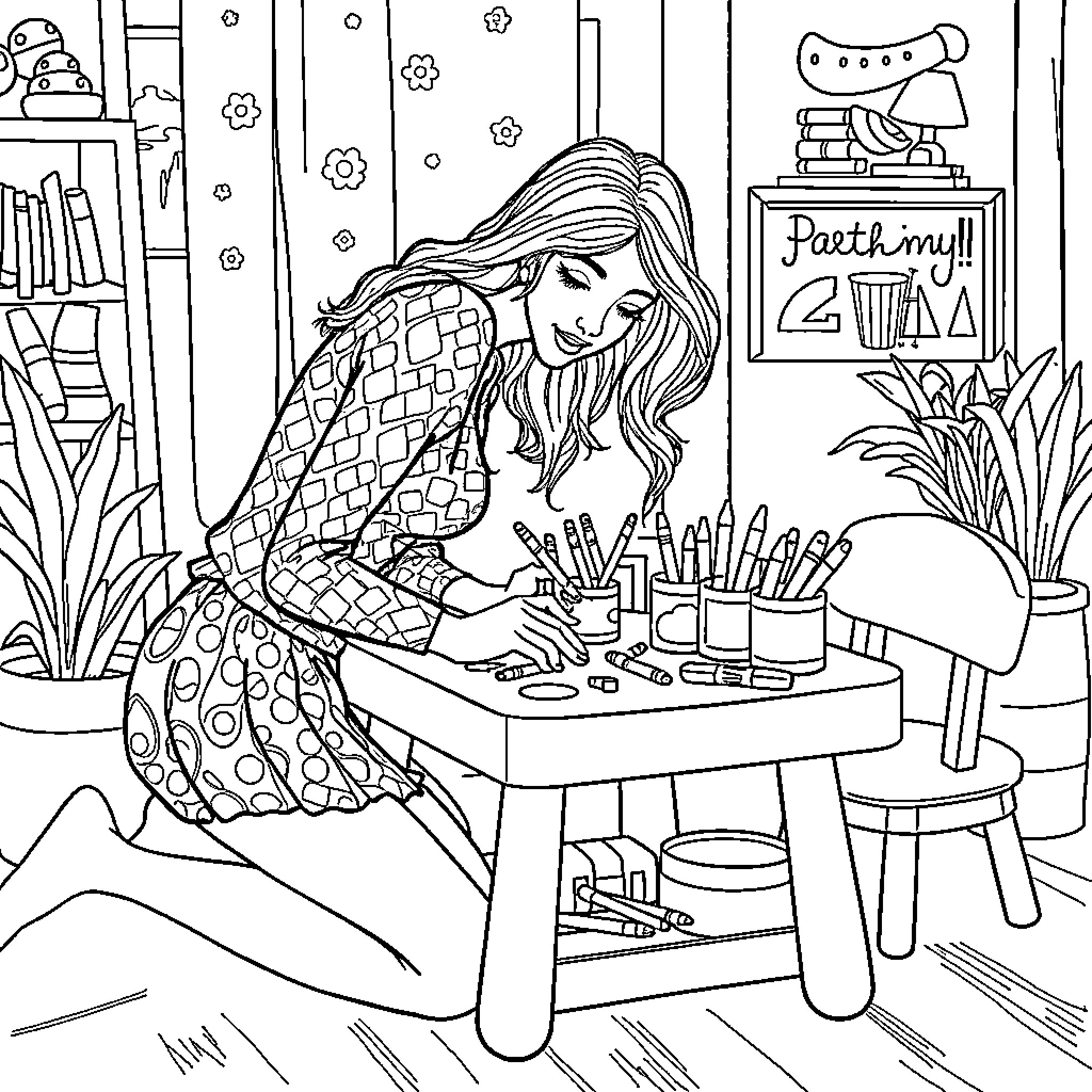 Lady creating art at her cozy crafting station Coloring Page (free black-and-white line drawing printable PDF for all, from beginners to advanced learners, including children, teens, adults, and seniors)