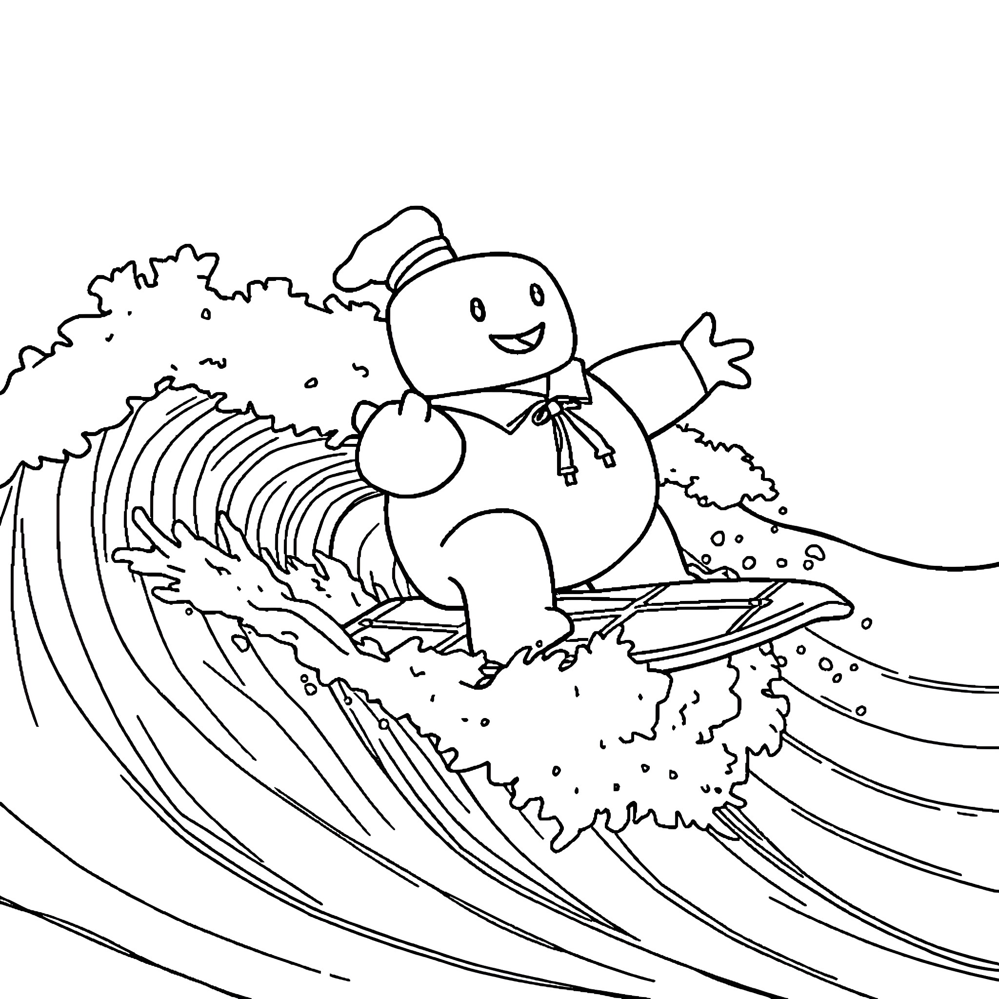 Stay Puft Marshmallow Man surfing on a giant wave Coloring Page (free black-and-white line drawing printable PDF for all, from beginners to advanced learners, including children, teens, adults, and seniors)