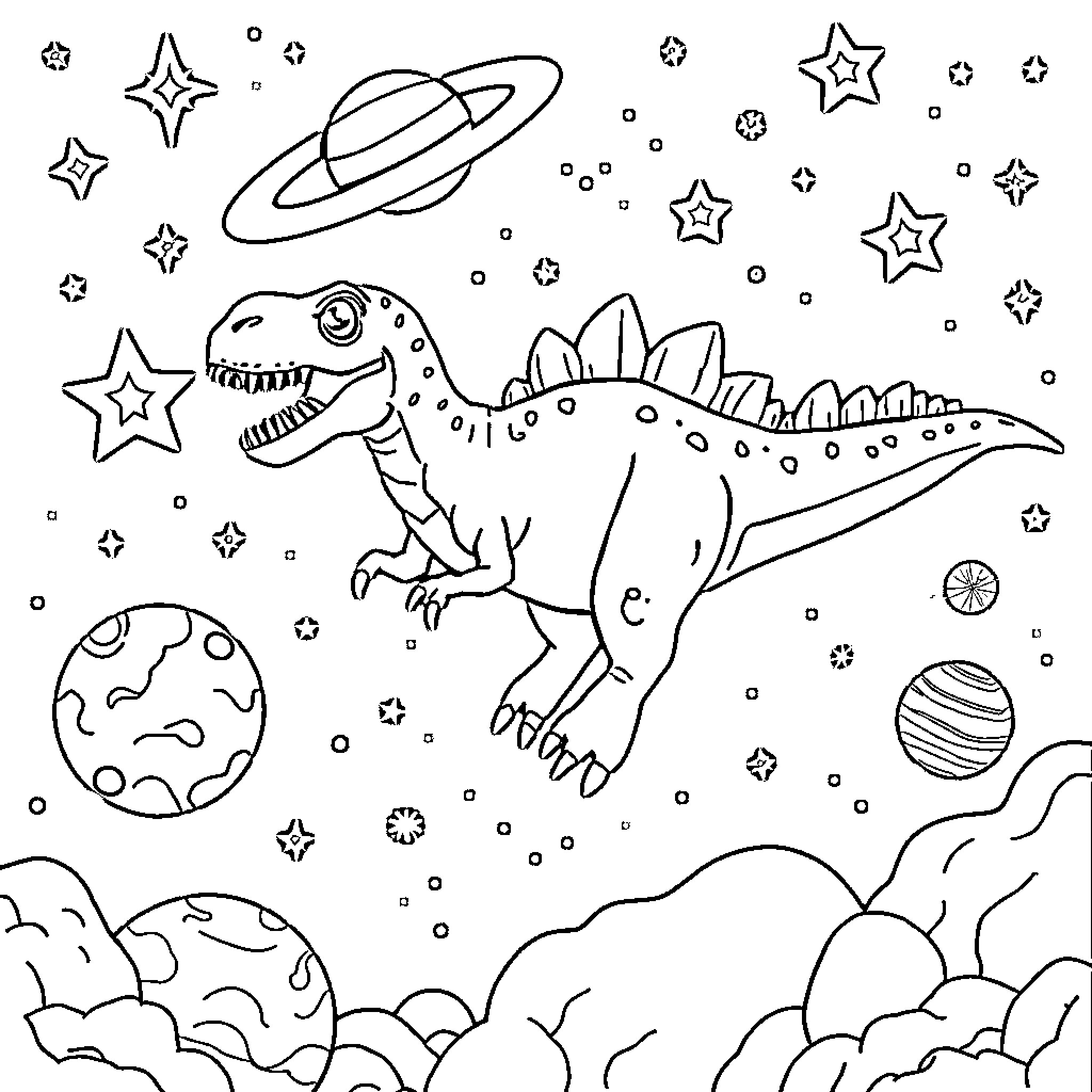 Dinosaur exploring the cosmic galaxy Coloring Page (free black-and-white line drawing printable PDF for all, from beginners to advanced learners, including children, teens, adults, and seniors)