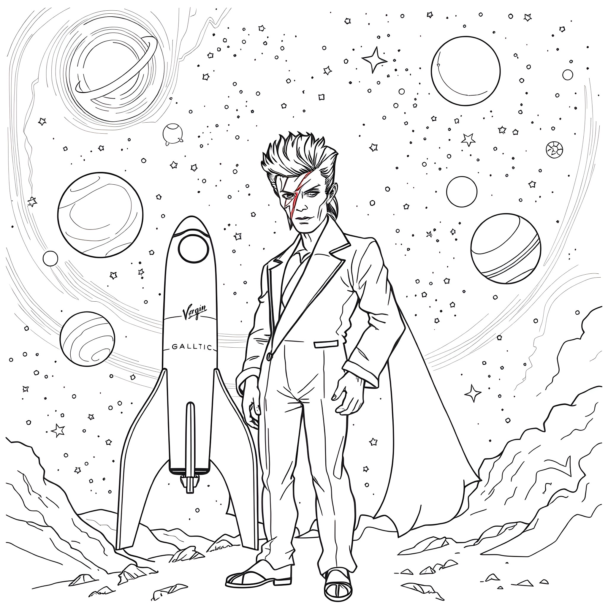 David Bowie's intergalactic space adventure Coloring Page (free black-and-white line drawing printable PDF for all, from beginners to advanced learners, including children, teens, adults, and seniors)