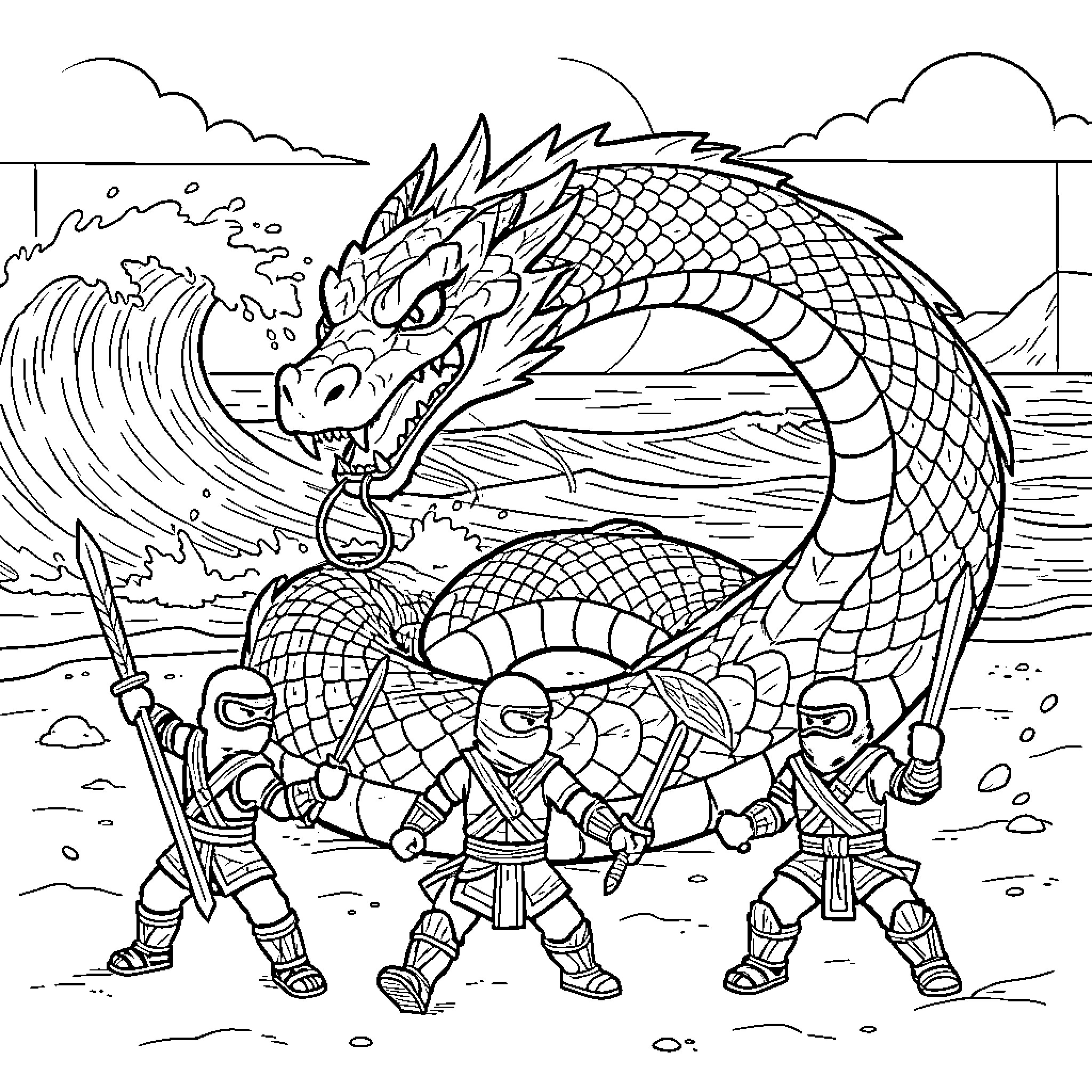Ninjago warriors battling a giant serpent on the beach Coloring Page (free black-and-white line drawing printable PDF for all, from beginners to advanced learners, including children, teens, adults, and seniors)
