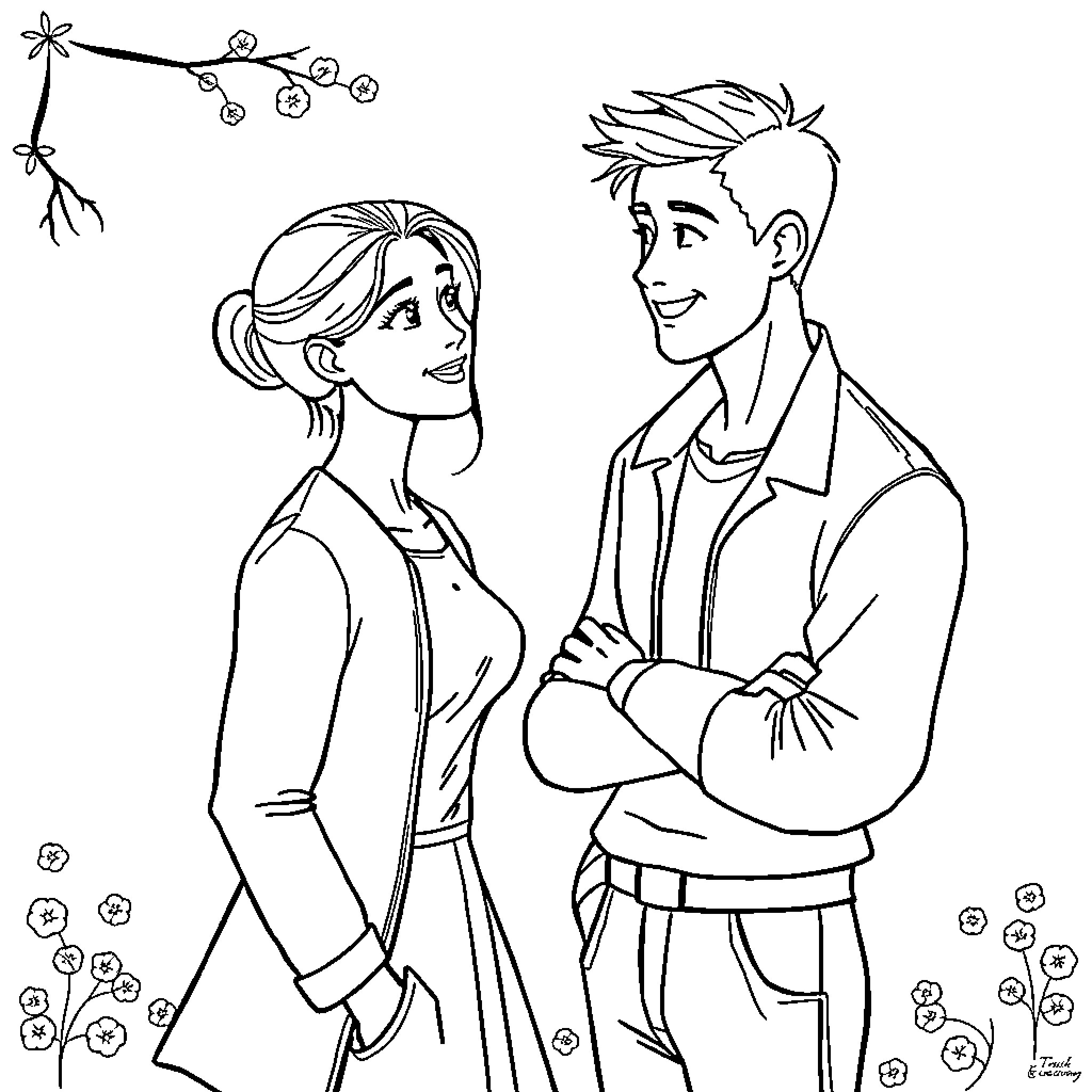 Man and Woman Strolling Together in Nature Coloring Page (free black-and-white line drawing printable PDF for all, from beginners to advanced learners, including children, teens, adults, and seniors)